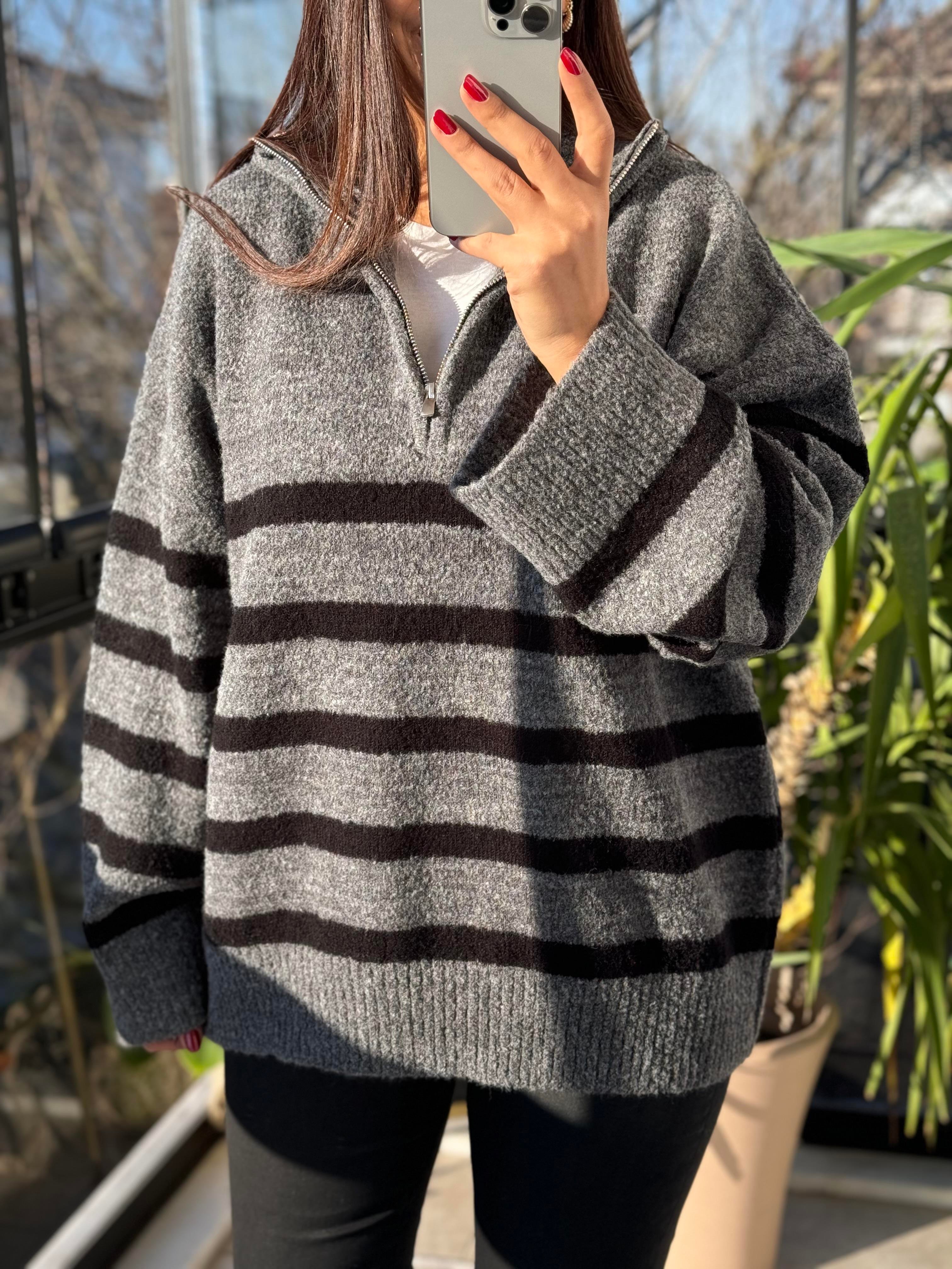 Fermuarlı Yumoş Kazak Gri