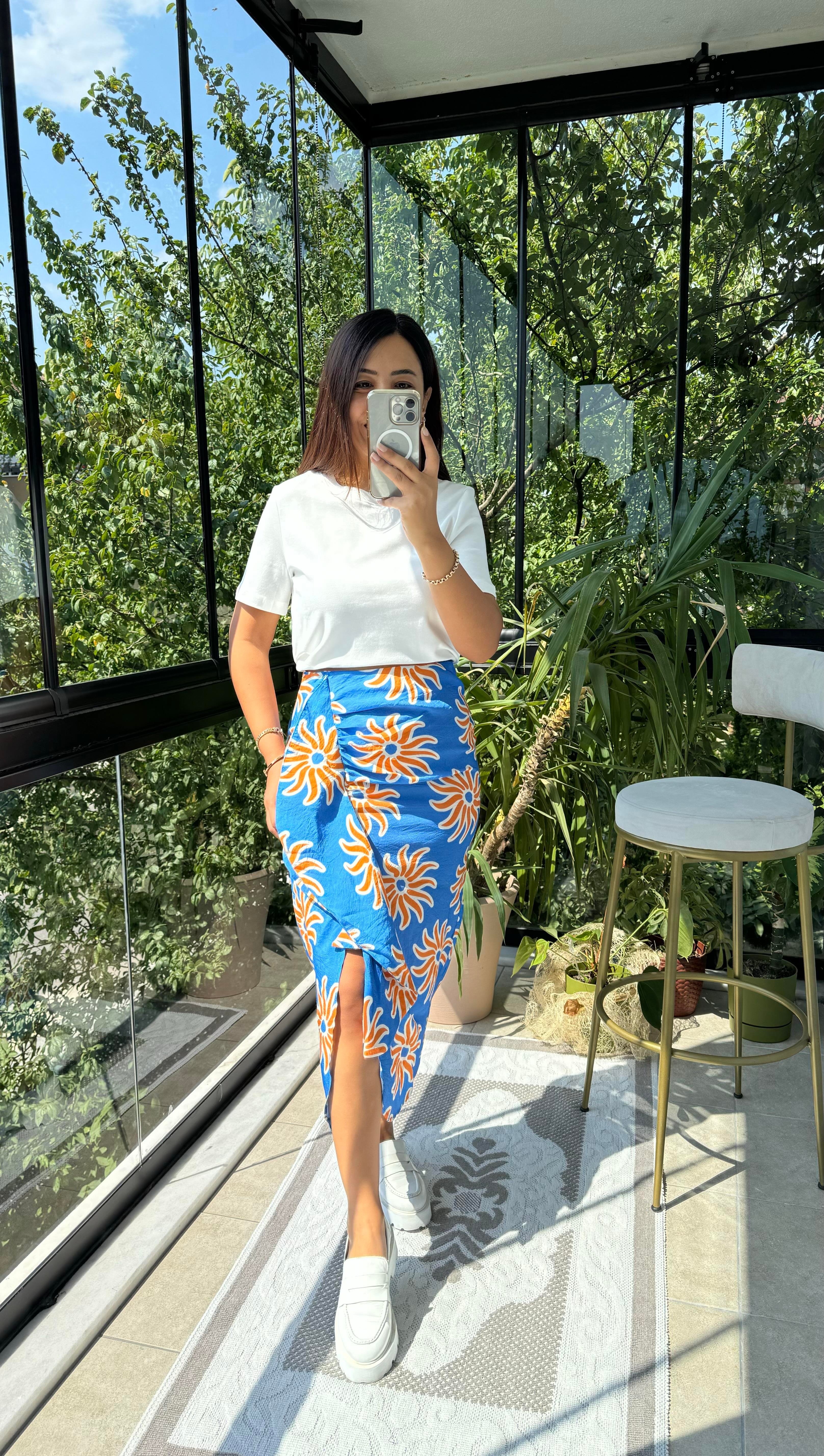 Fırfırlı Desenli Etek Mavi