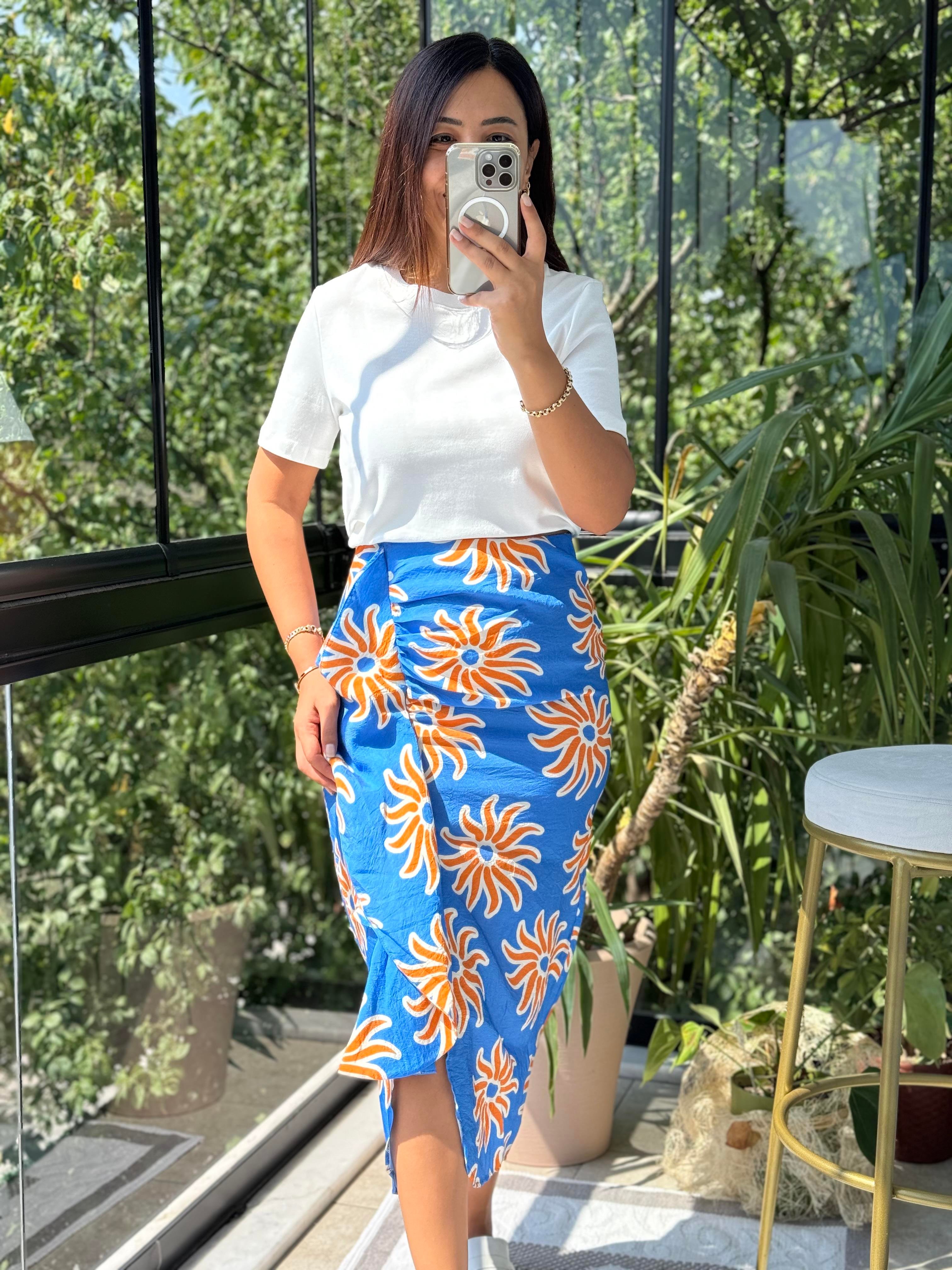 Fırfırlı Desenli Etek Mavi