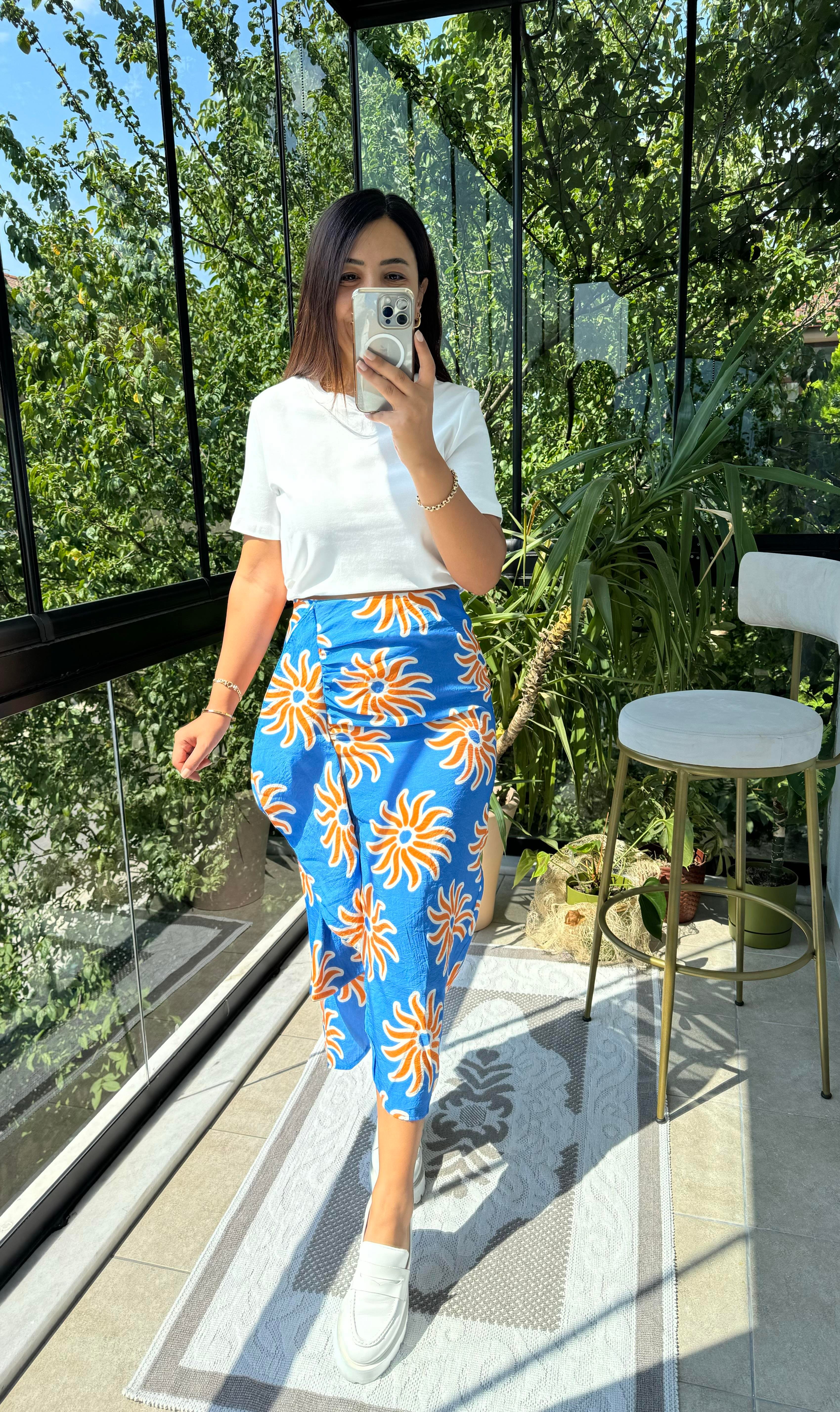 Fırfırlı Desenli Etek Mavi