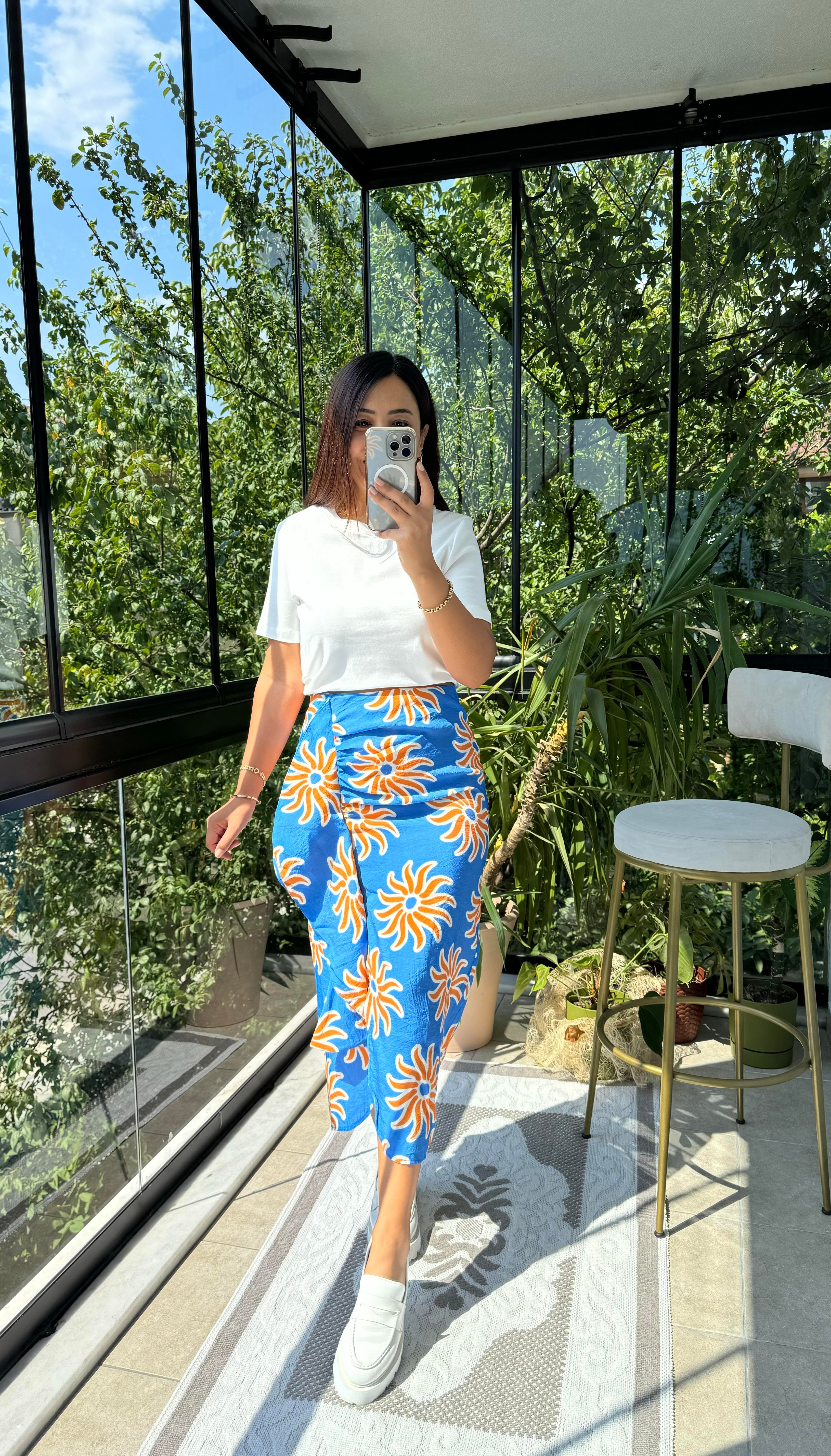 Fırfırlı Desenli Etek Mavi