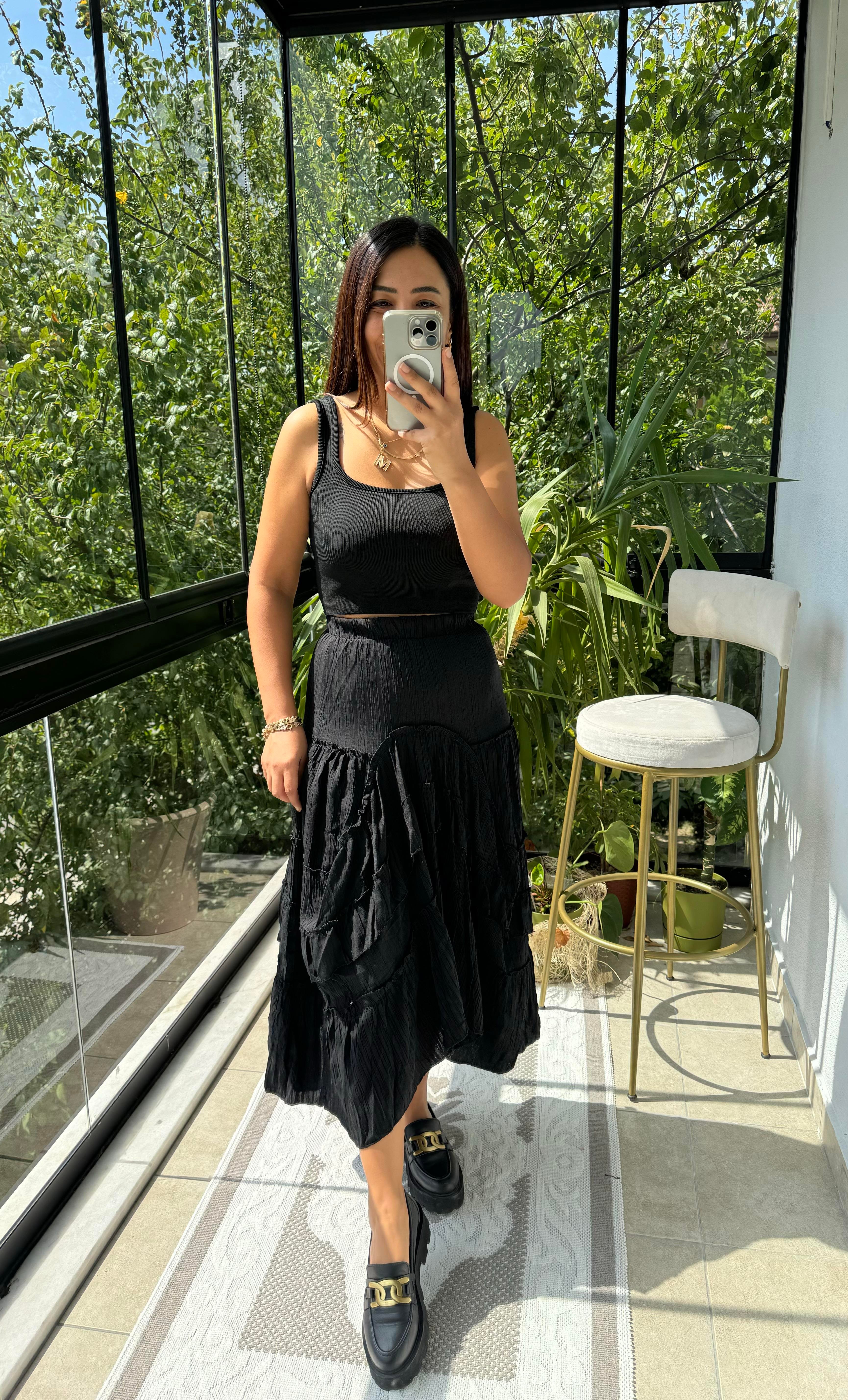 Fırfırlı Gofre Etek Siyah