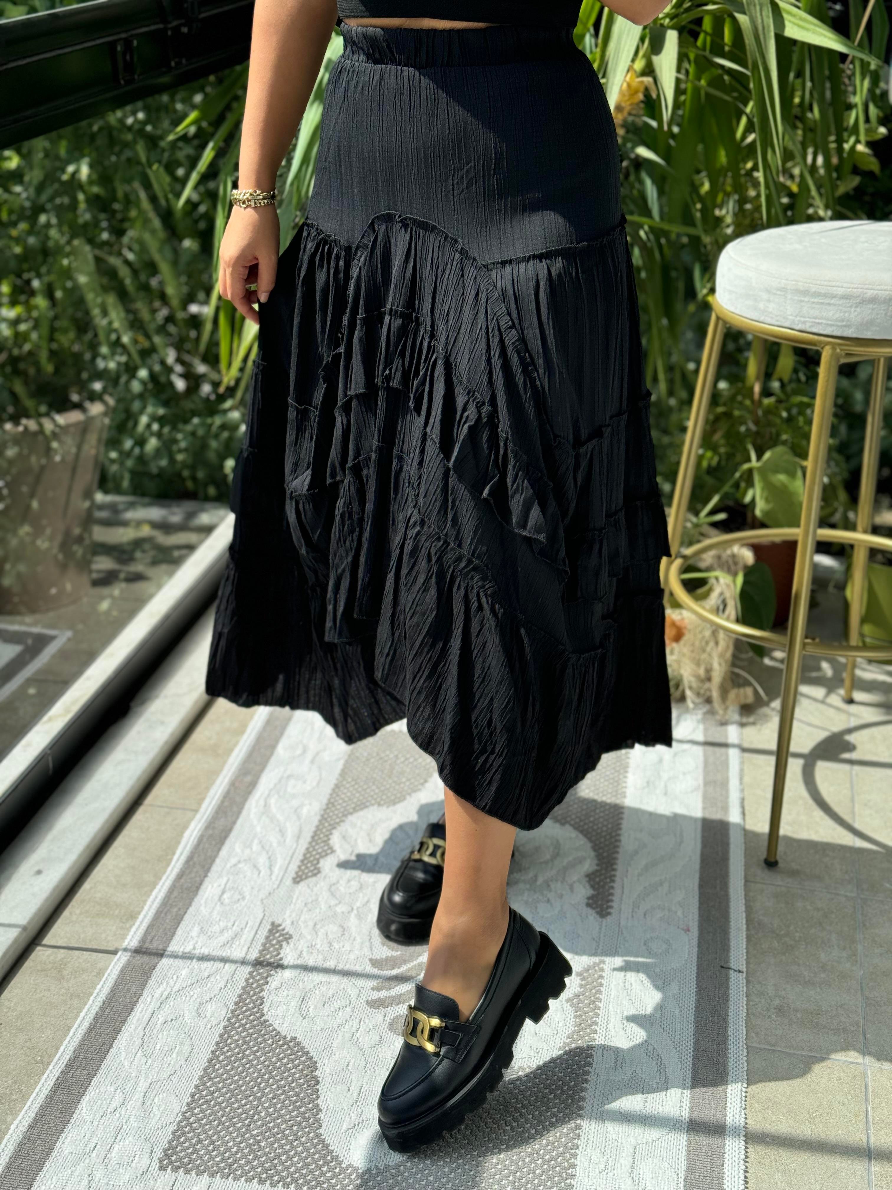 Fırfırlı Gofre Etek Siyah