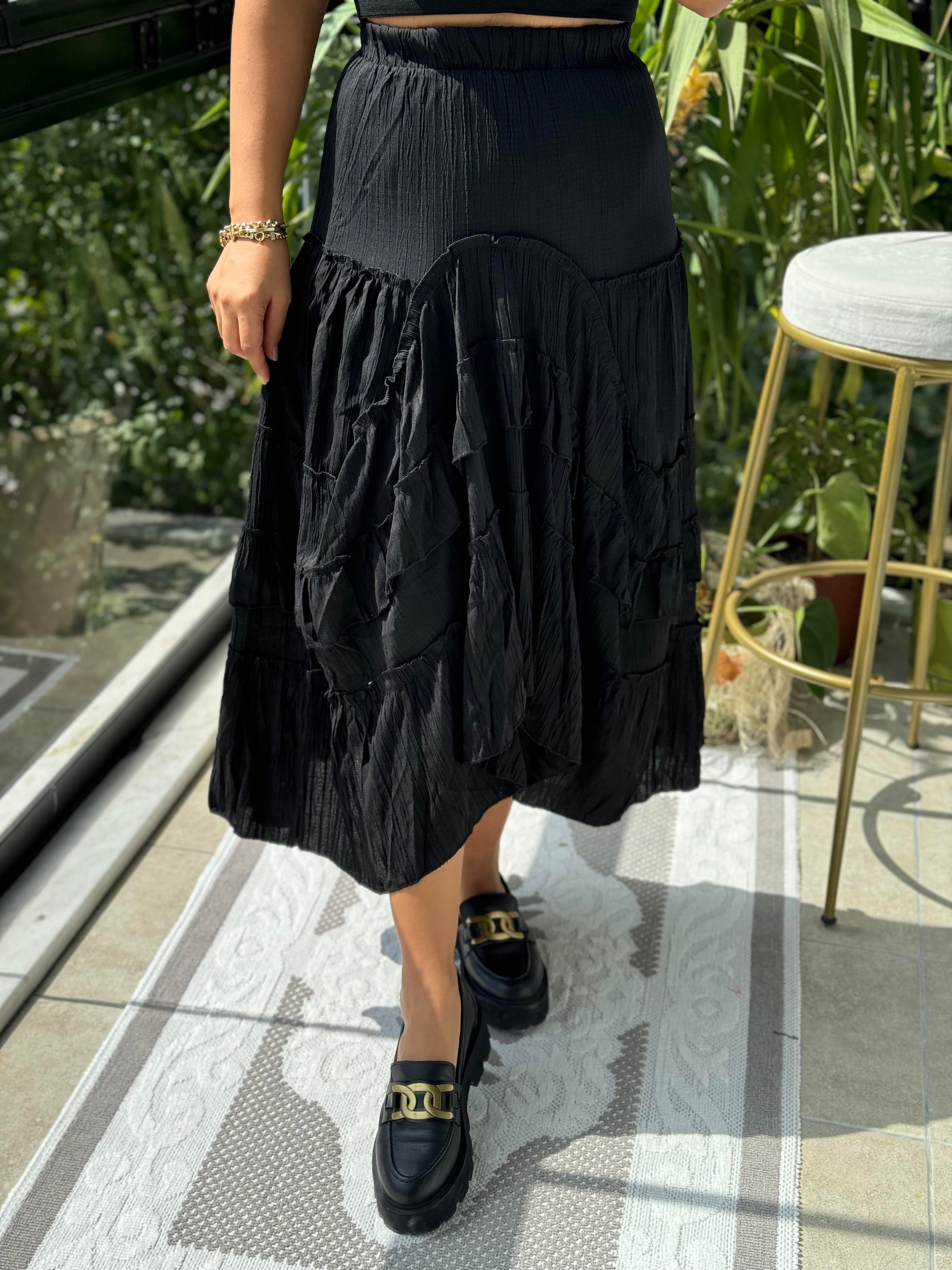 Fırfırlı Gofre Etek Siyah