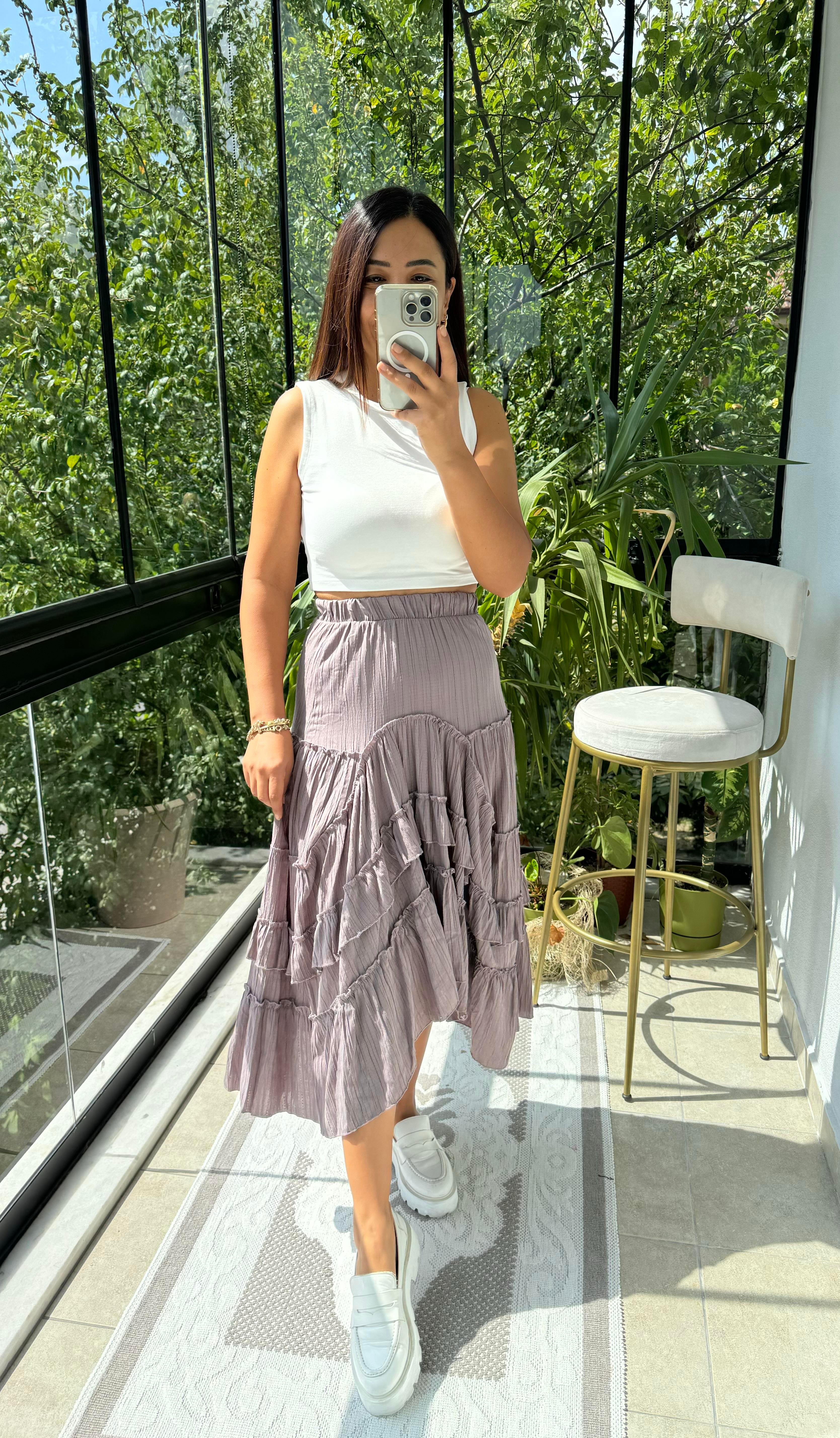 Fırfırlı Gofre Etek Vizon