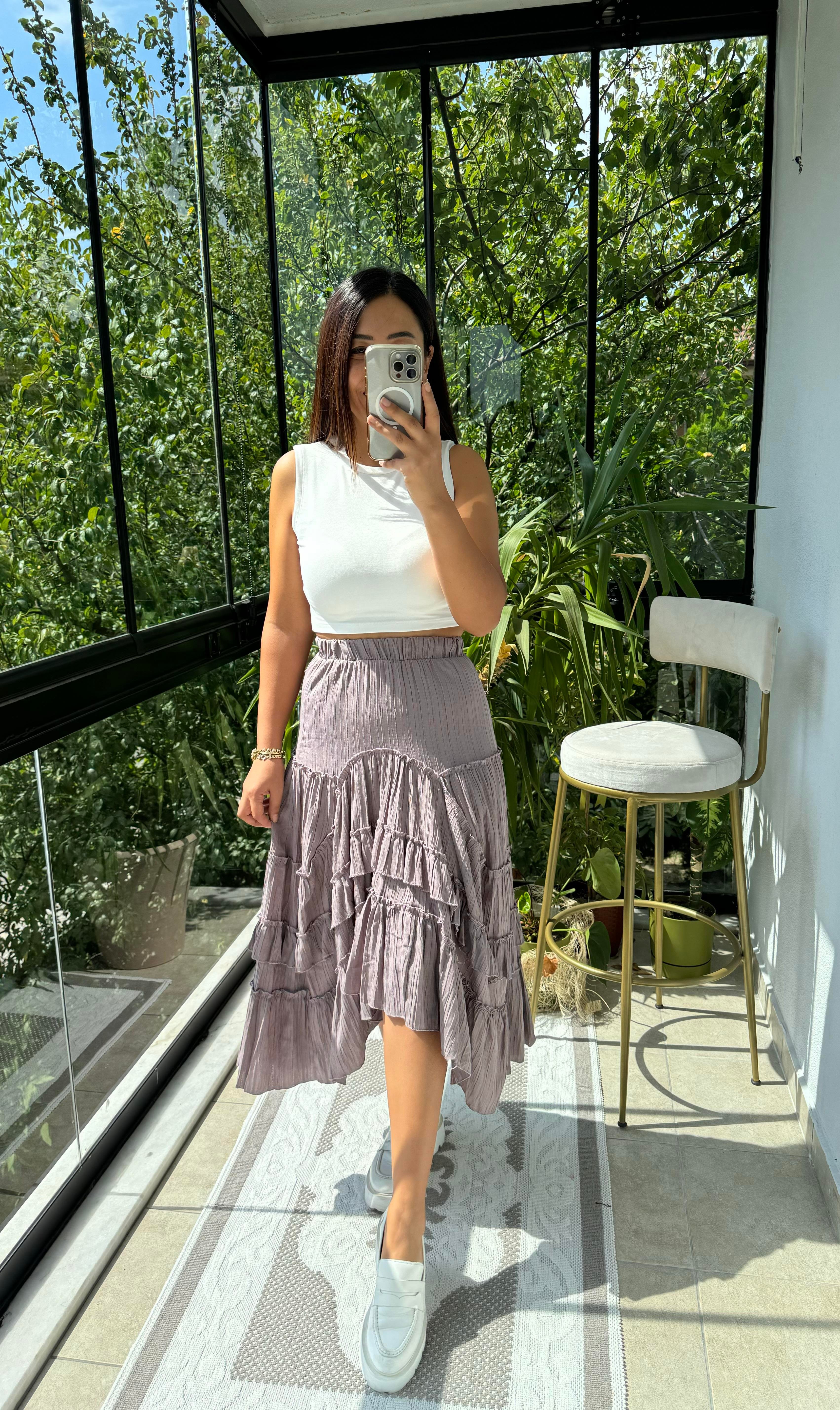 Fırfırlı Gofre Etek Vizon