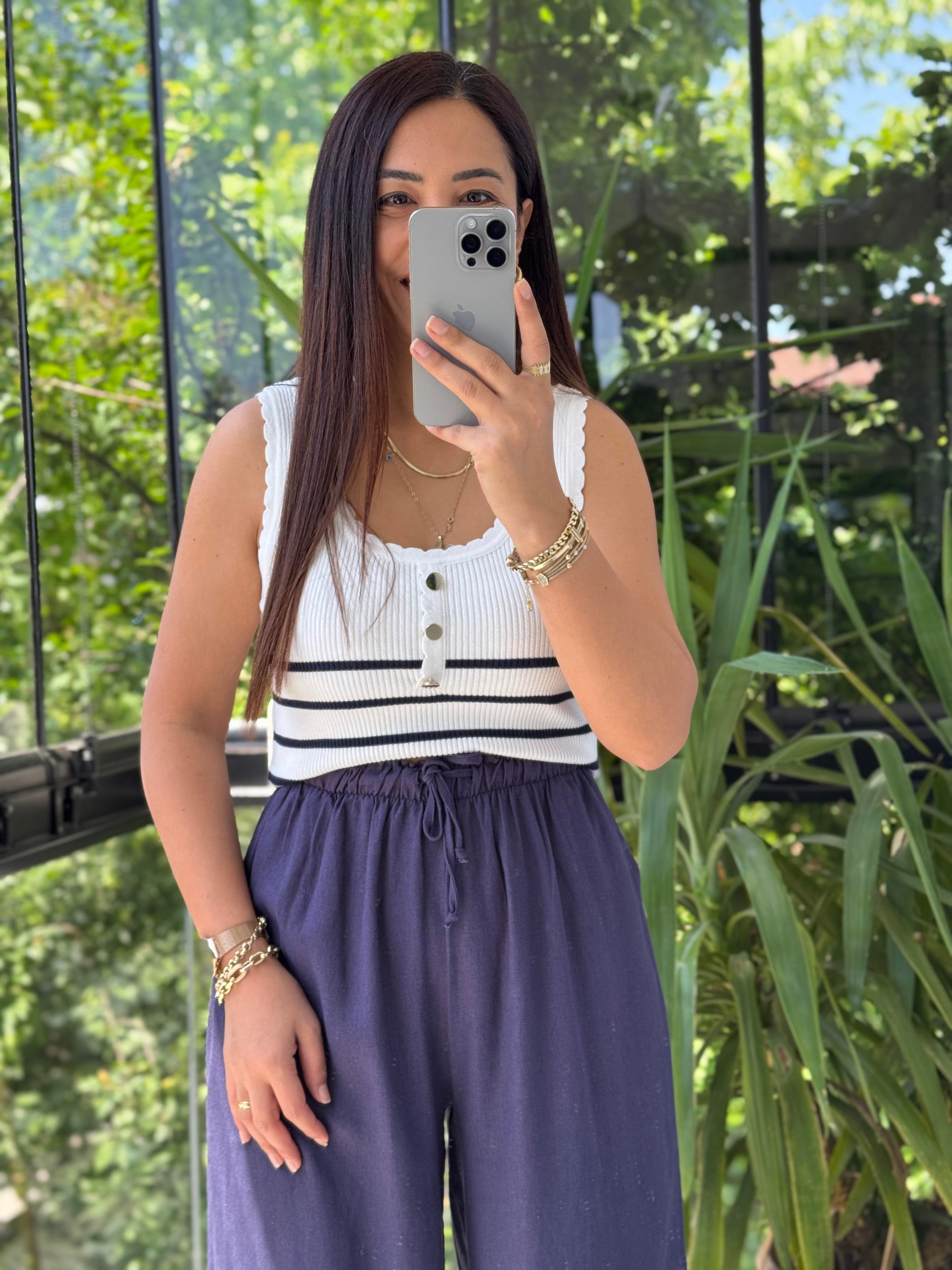 Fitilli Düğme Detaylı Triko Bluz Lacivert
