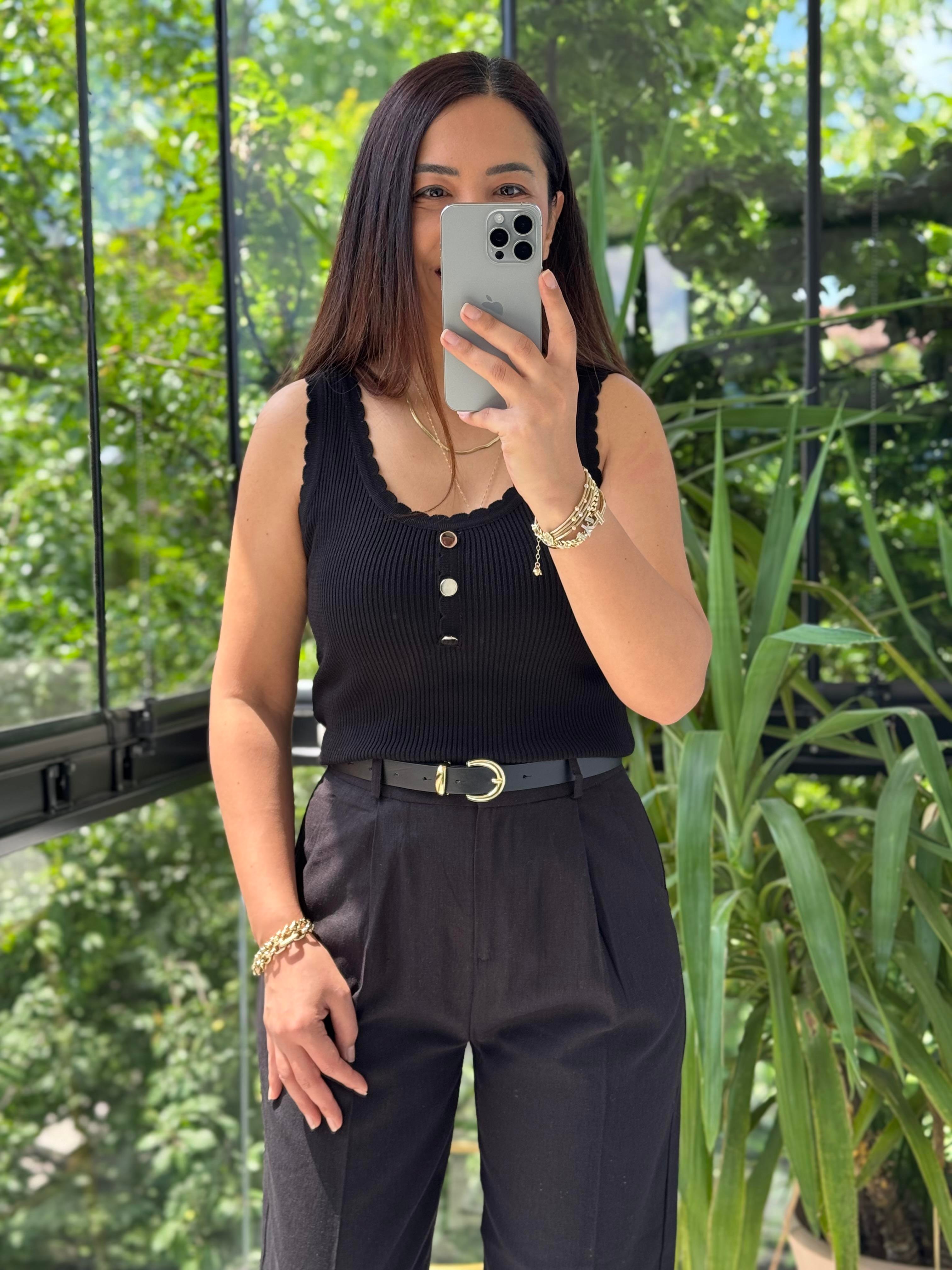 Fitilli Düğme Detaylı Triko Bluz Siyah