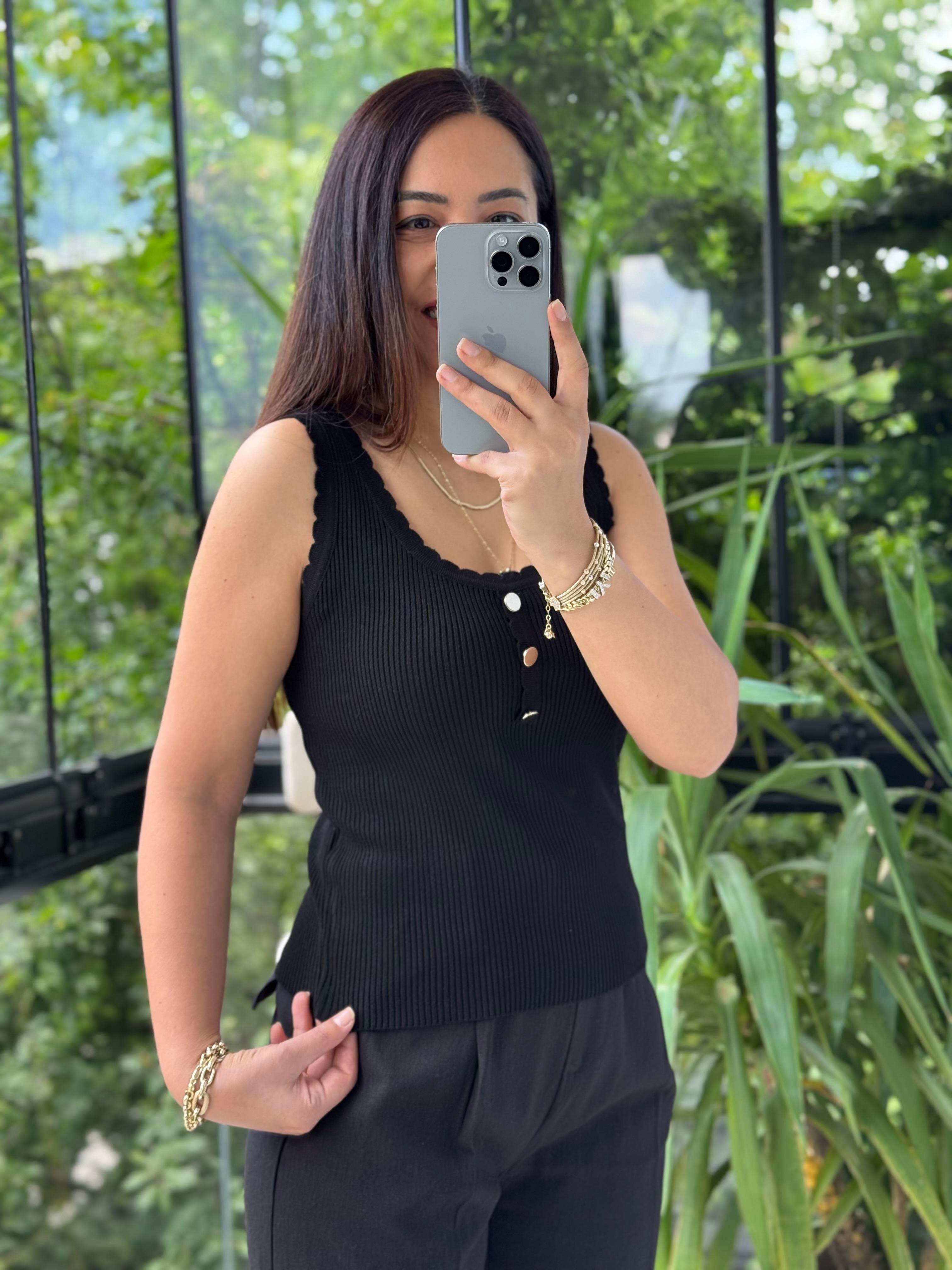 Fitilli Düğme Detaylı Triko Bluz Siyah