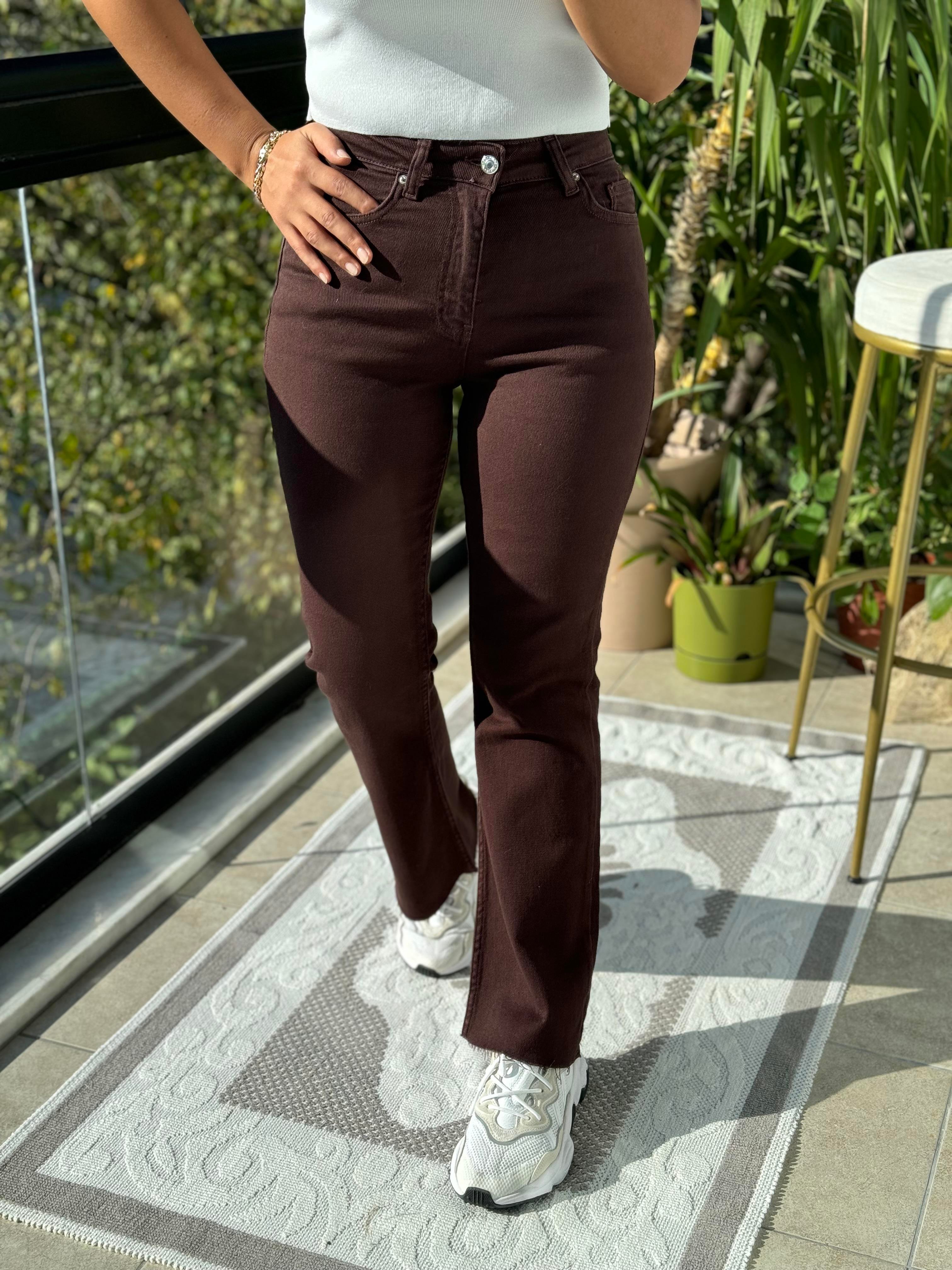 Flare İspanyol Dikişsiz Paça Mom Fit Jean Kahve