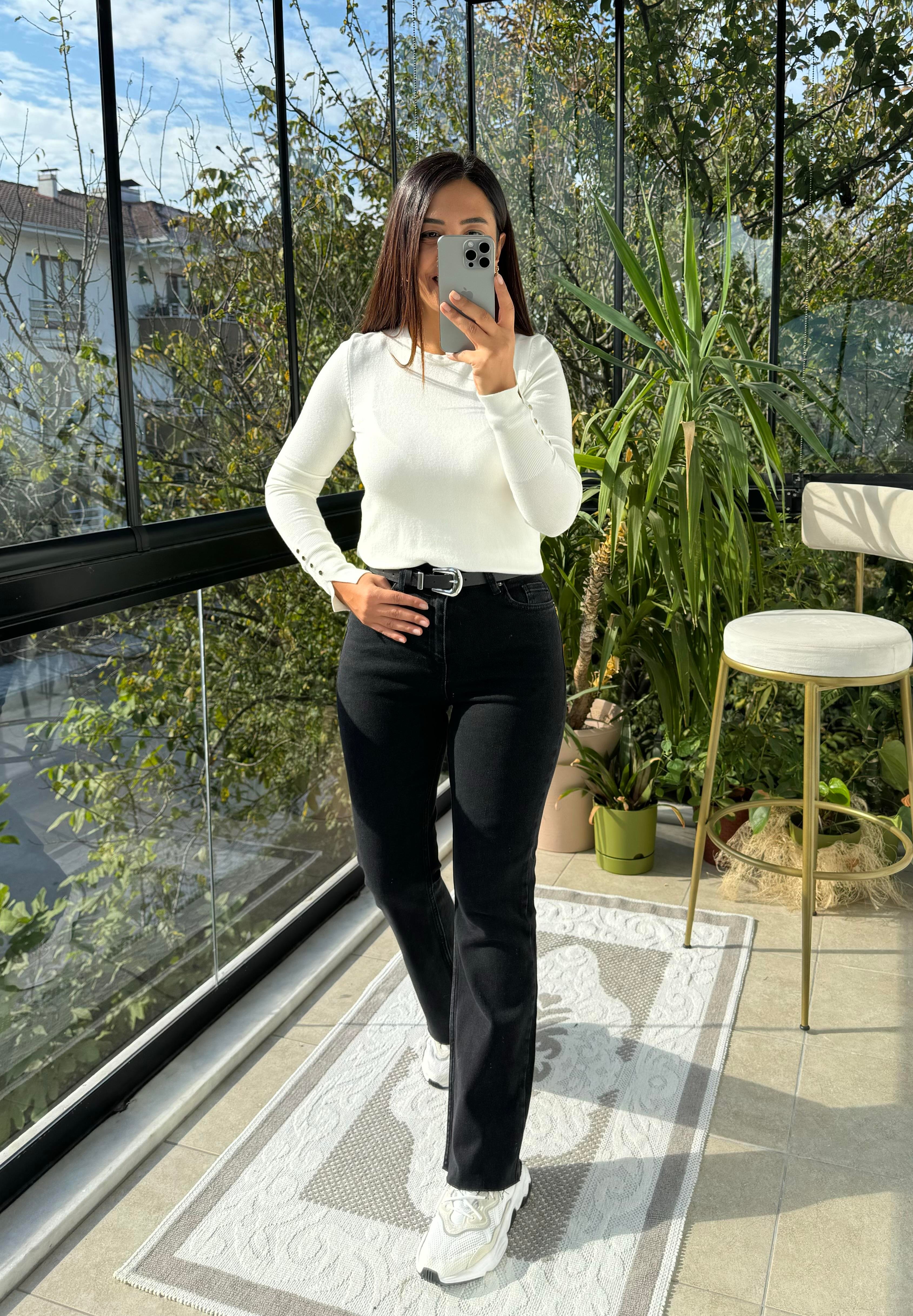 Flare İspanyol Dikişsiz Paça Mom Fit Jean Antrasit