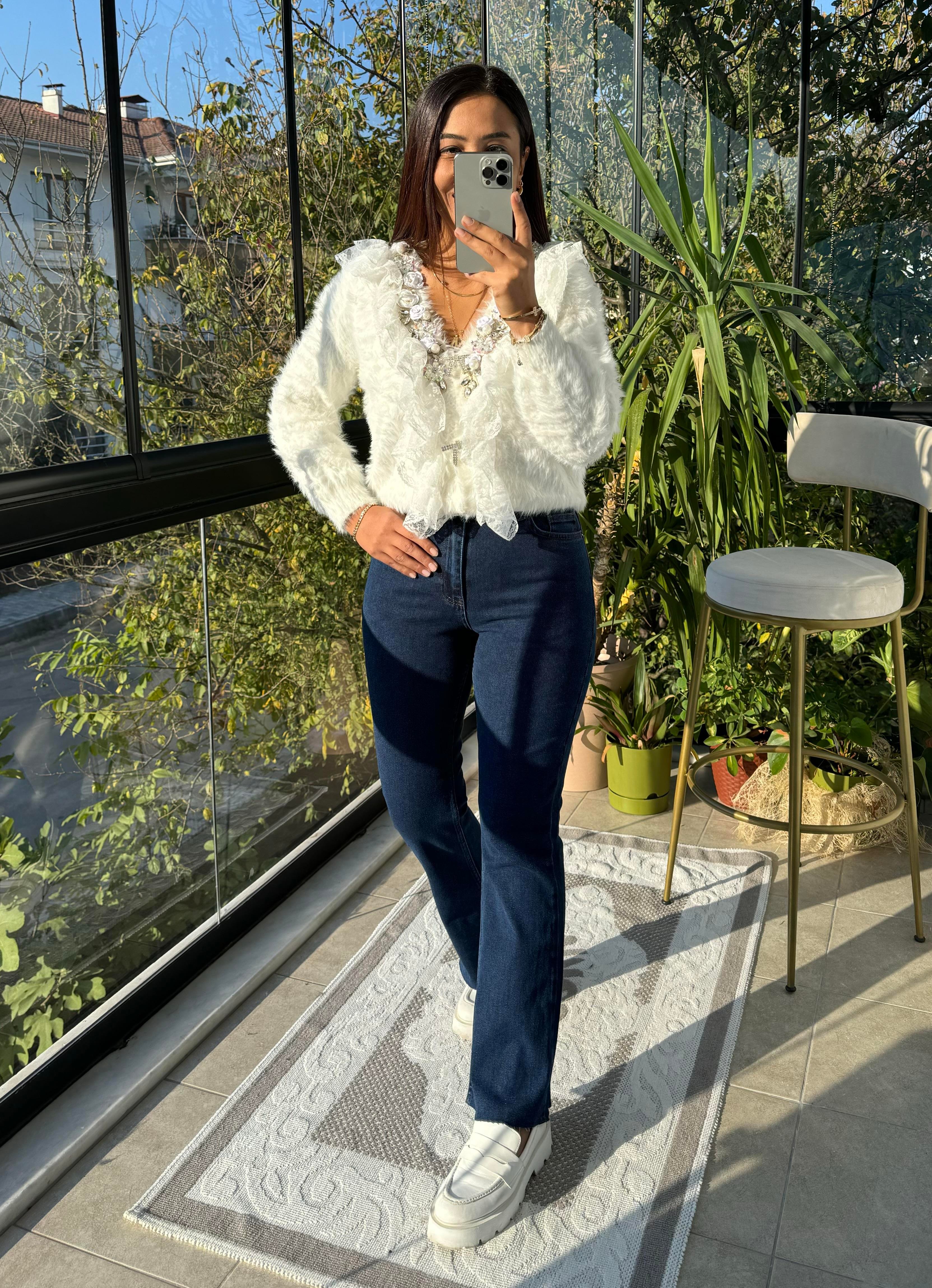 Flare İspanyol Dikişsiz Paça Mom Fit Jean Lacivert