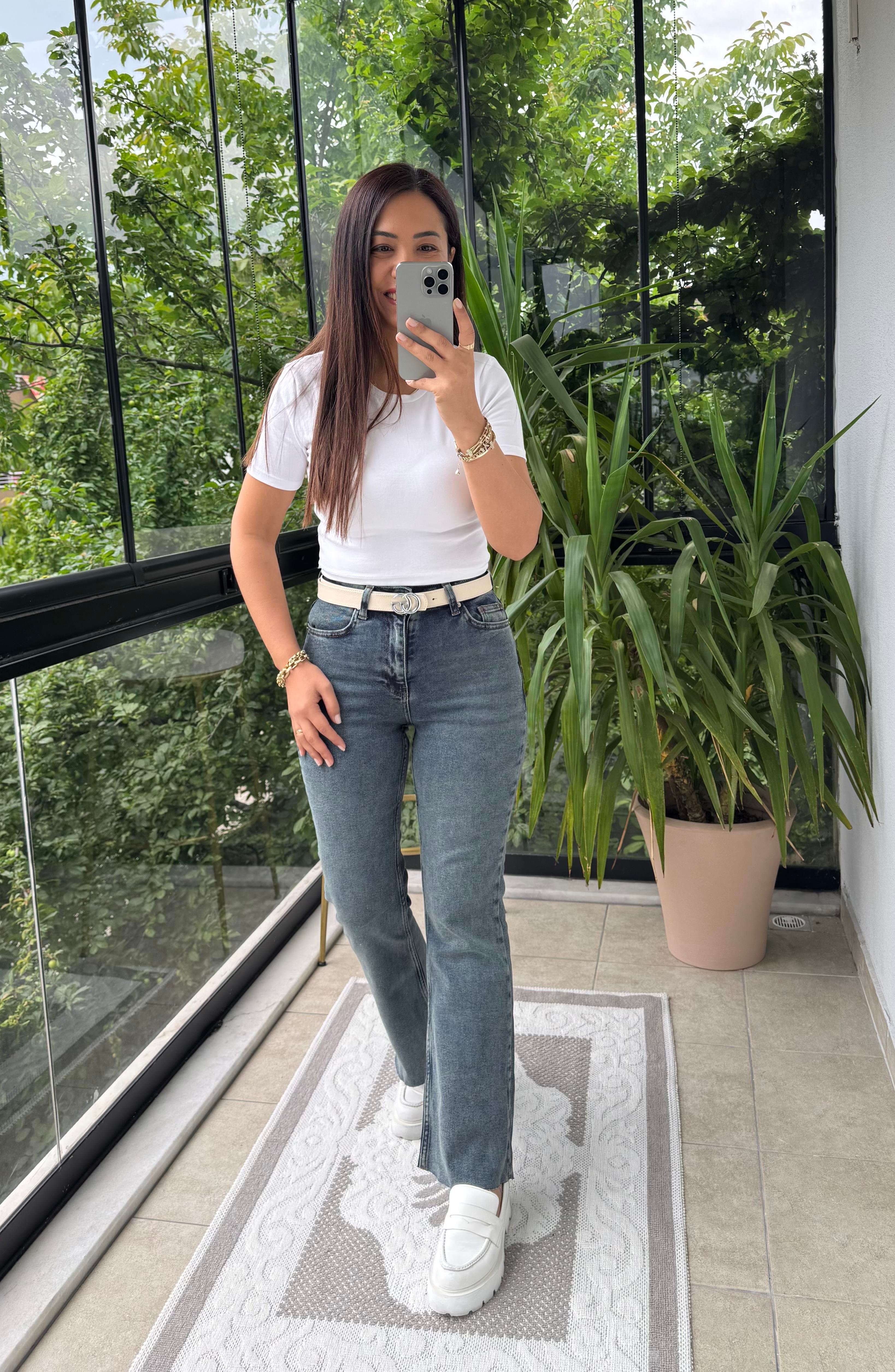 Flare İspanyol Dikişsiz Paça Mom Fit Jean Yeşil Yıkama