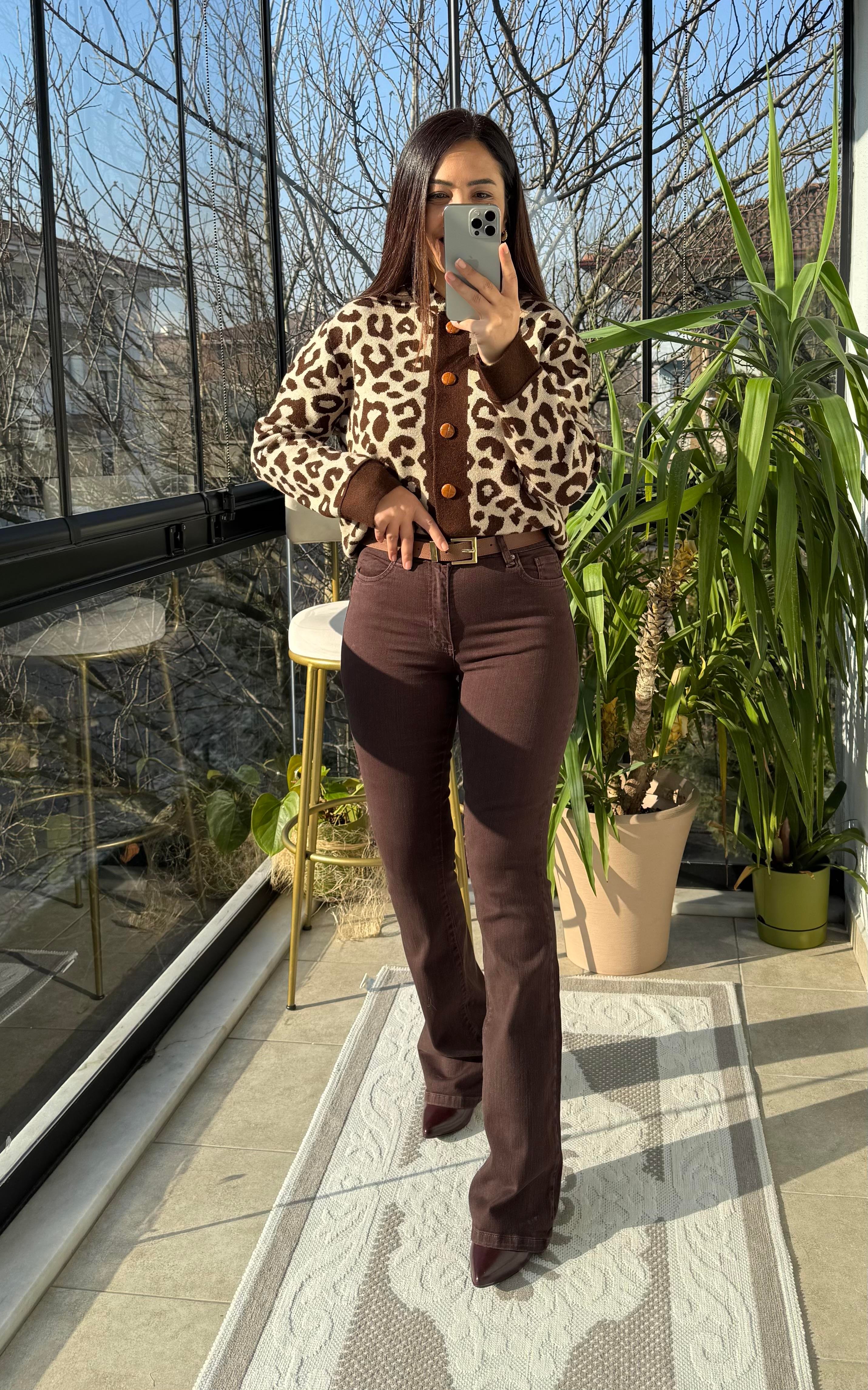Geniş Patlı Leopar Hırka Bej