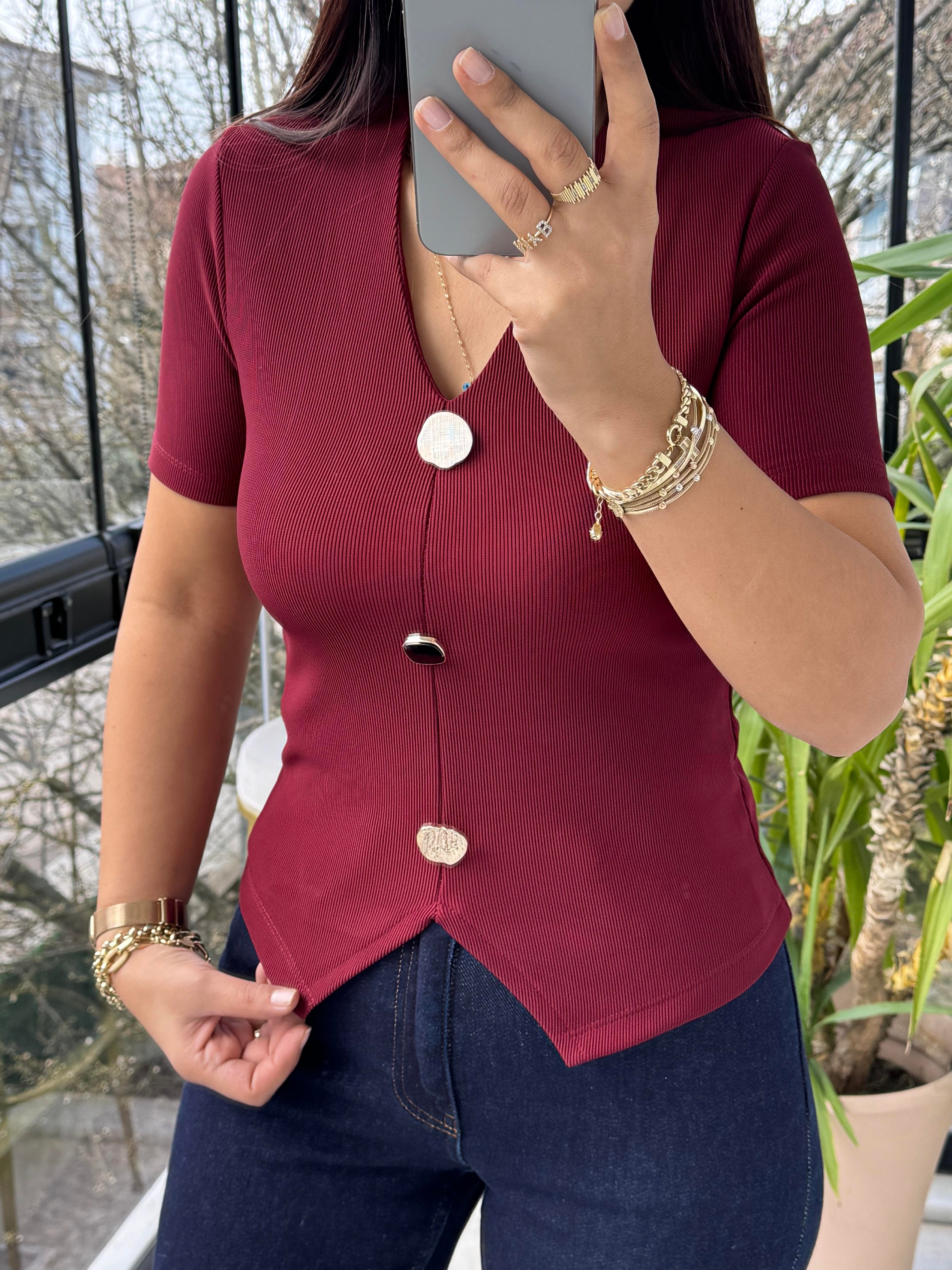 Gold Düğme Kısa Kol Bluz Bordo