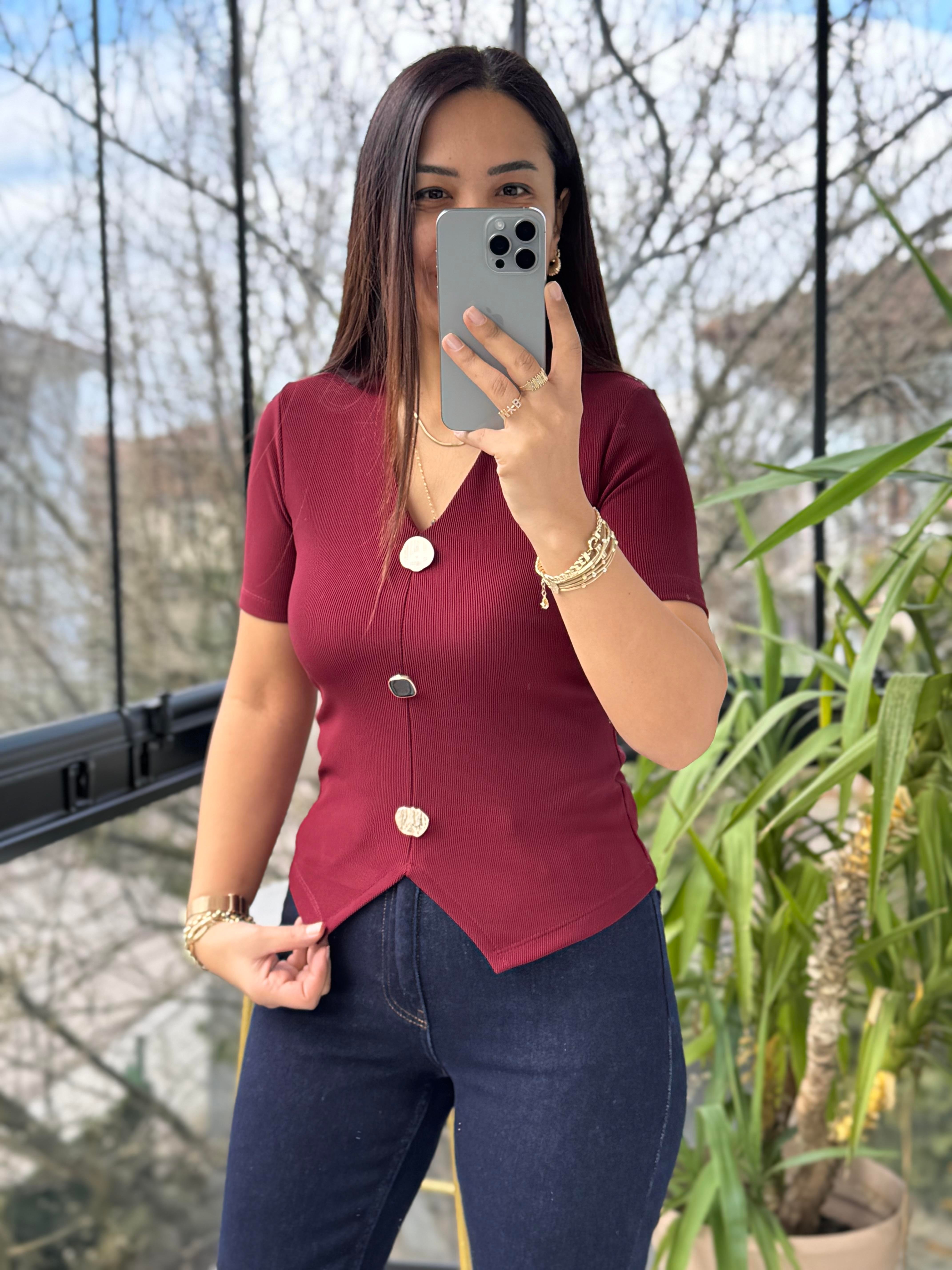Gold Düğme Kısa Kol Bluz Bordo