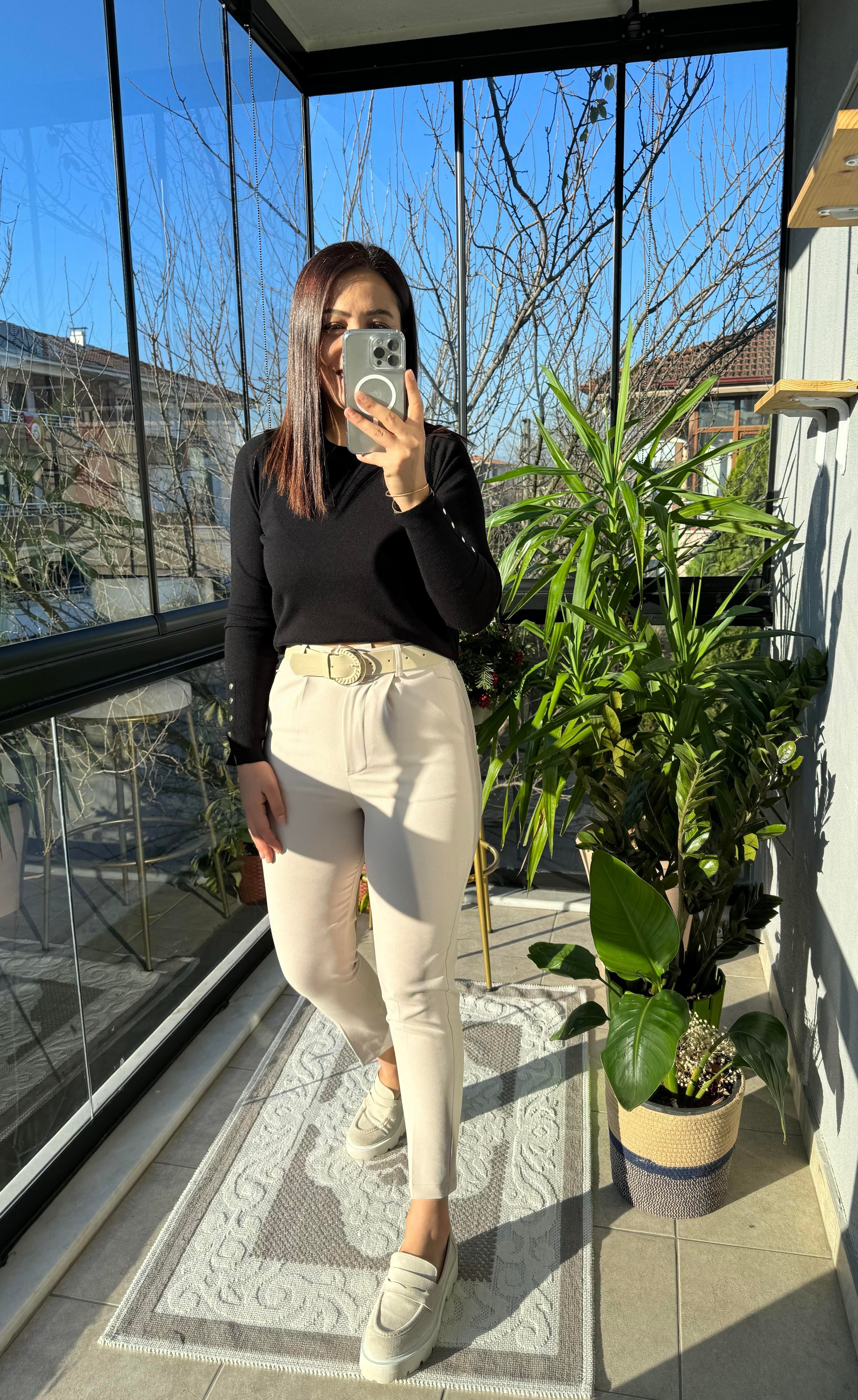 Gold Kemer Havuç Kumaş Pantolon Taş