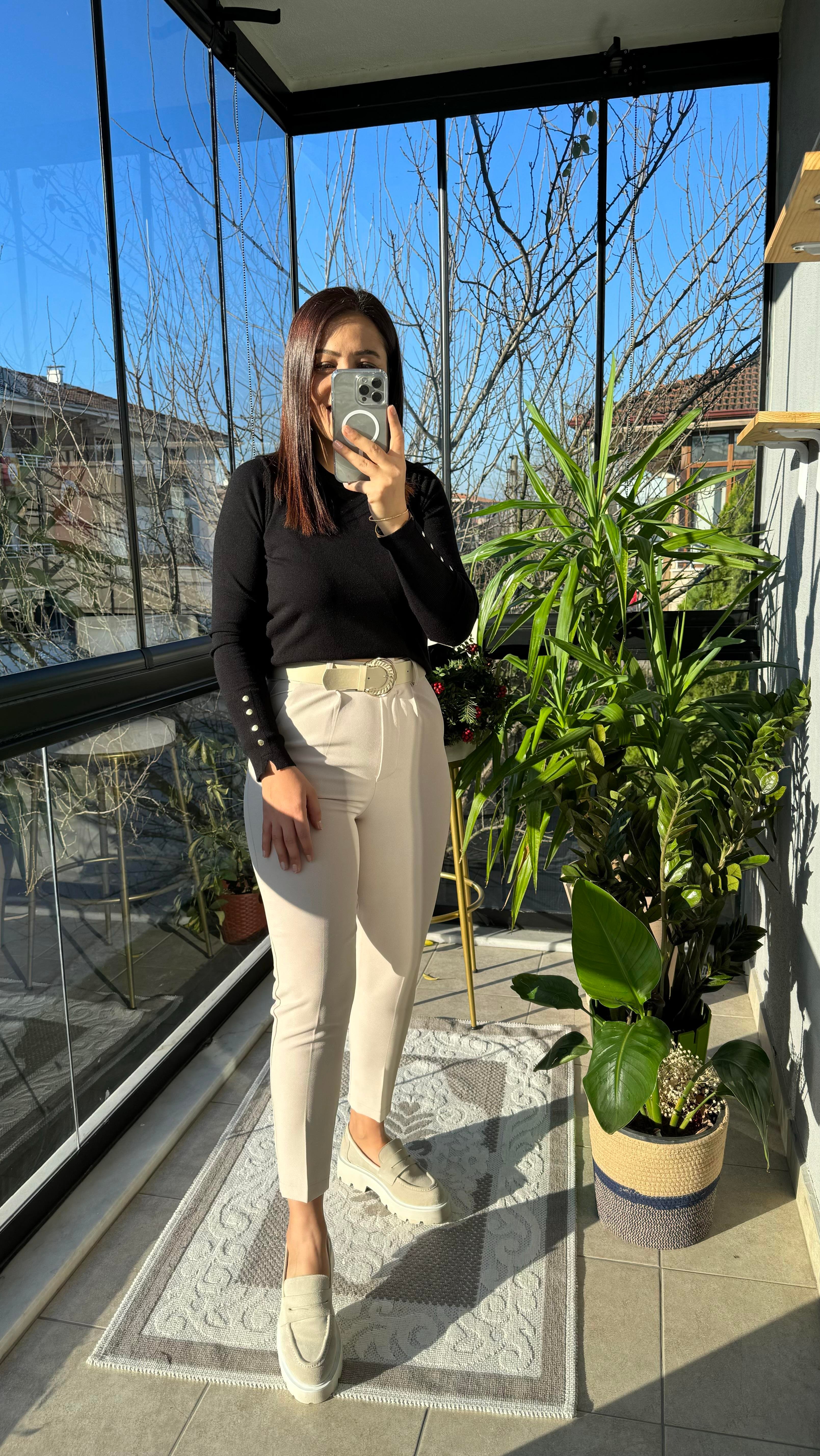 Gold Kemer Havuç Kumaş Pantolon Taş