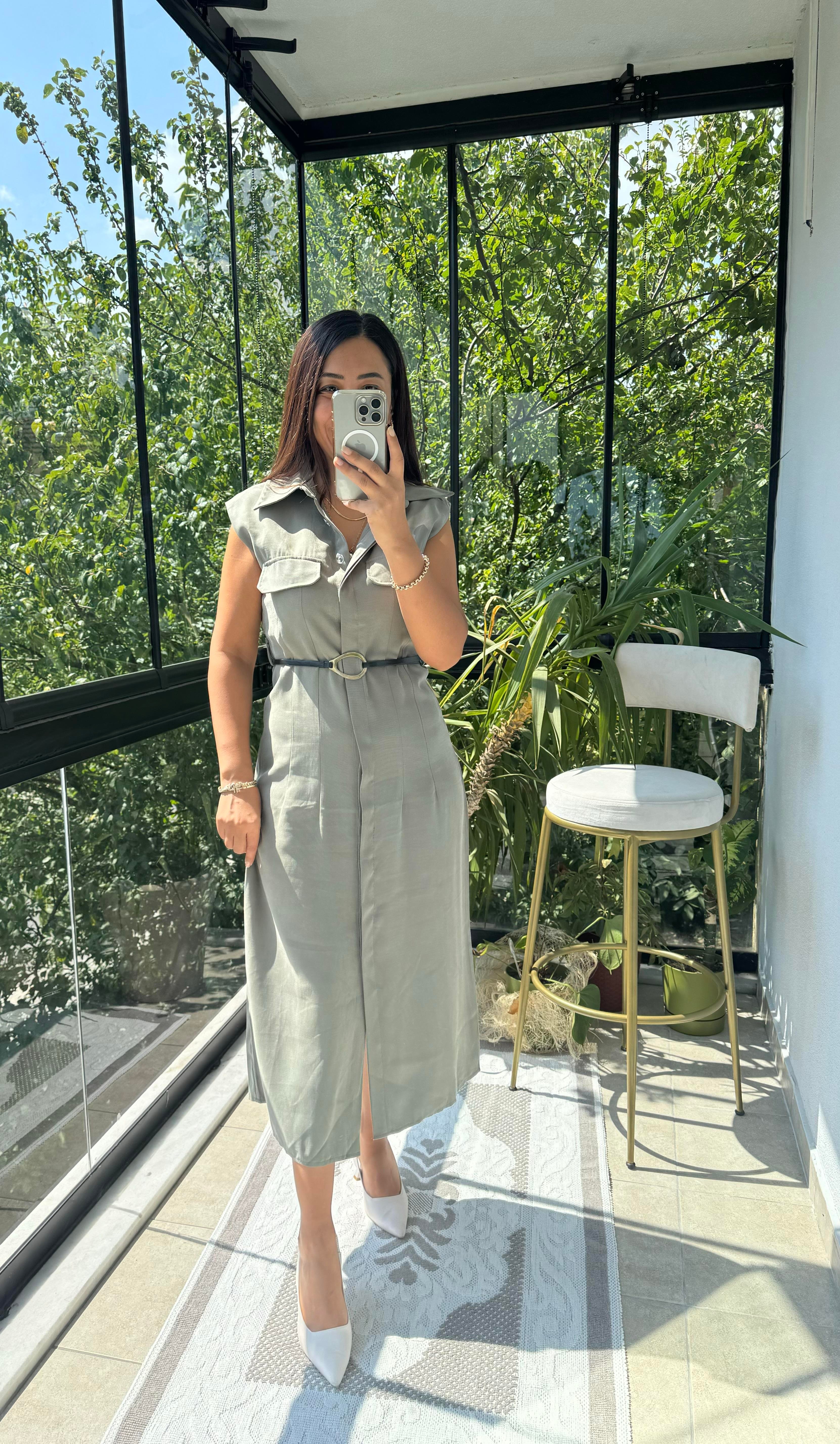 Gold Kemerli Elbise Haki Yeşili