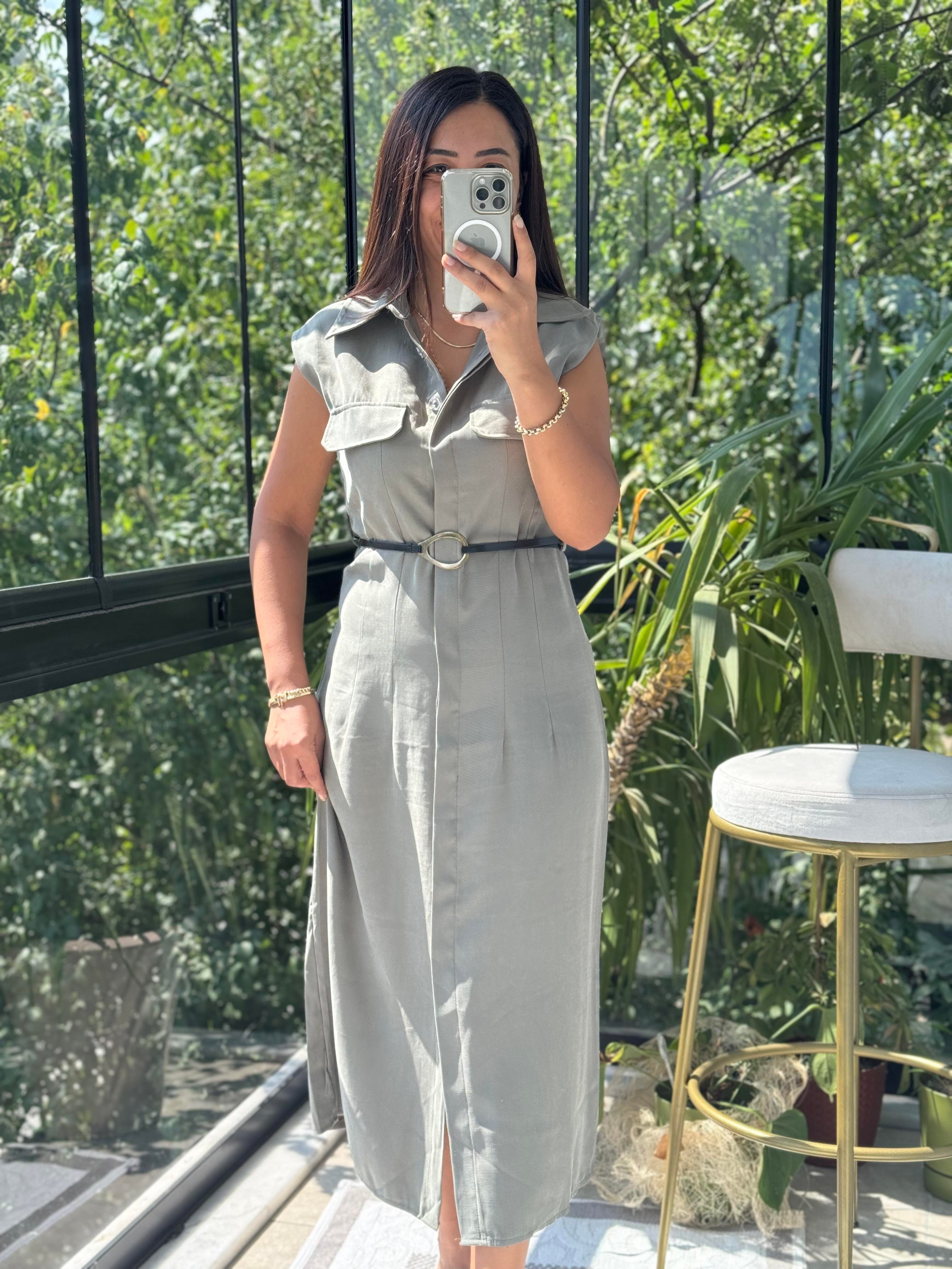 Gold Kemerli Elbise Haki Yeşili