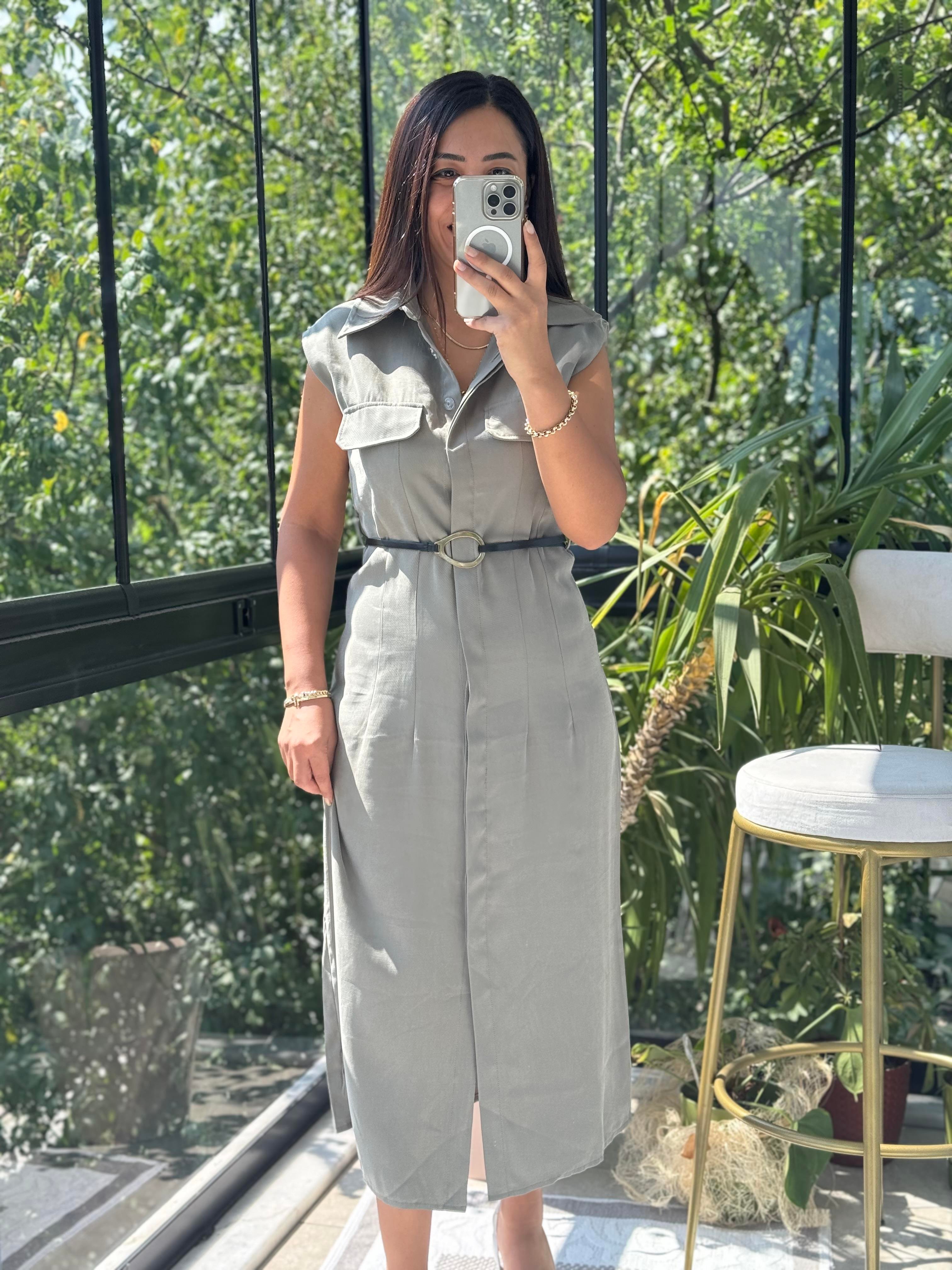 Gold Kemerli Elbise Haki Yeşili