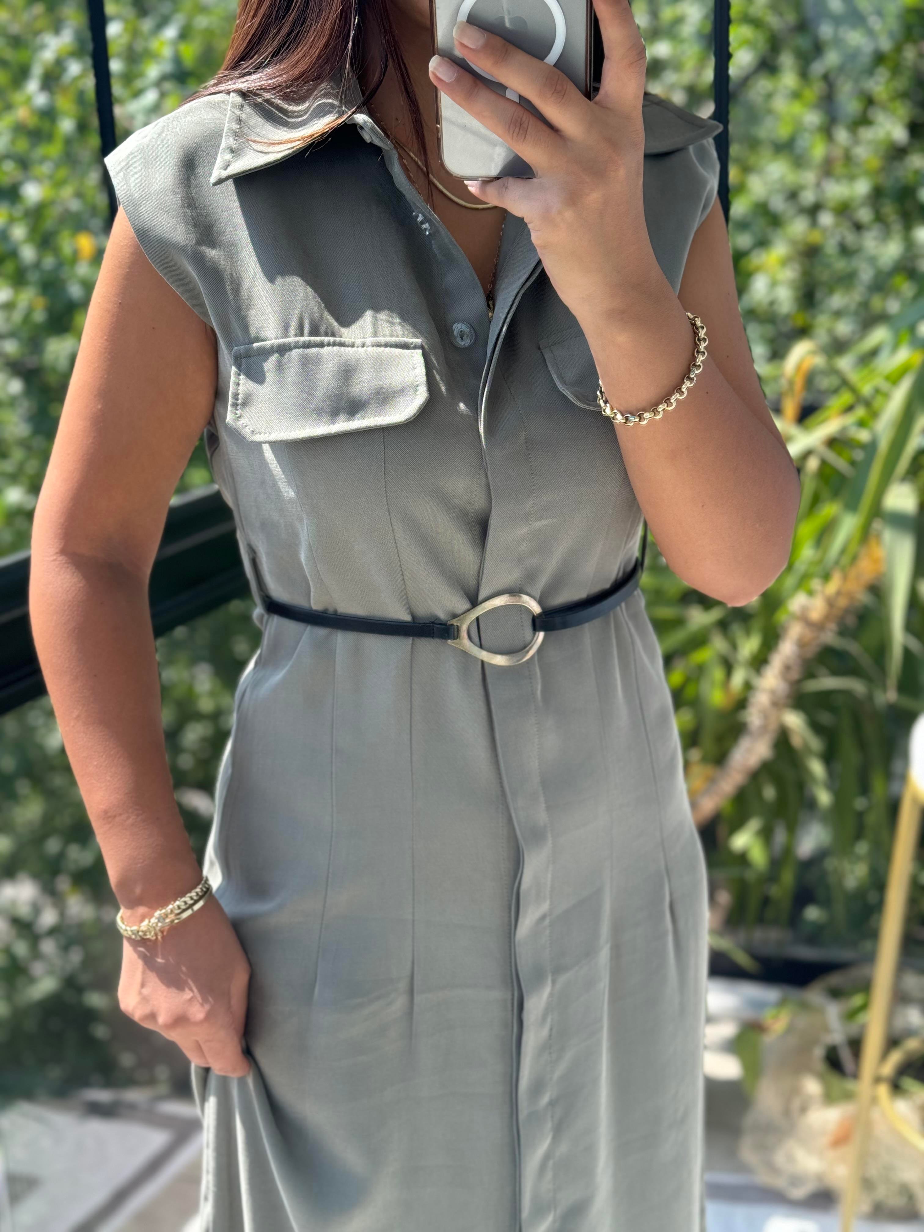 Gold Kemerli Elbise Haki Yeşili