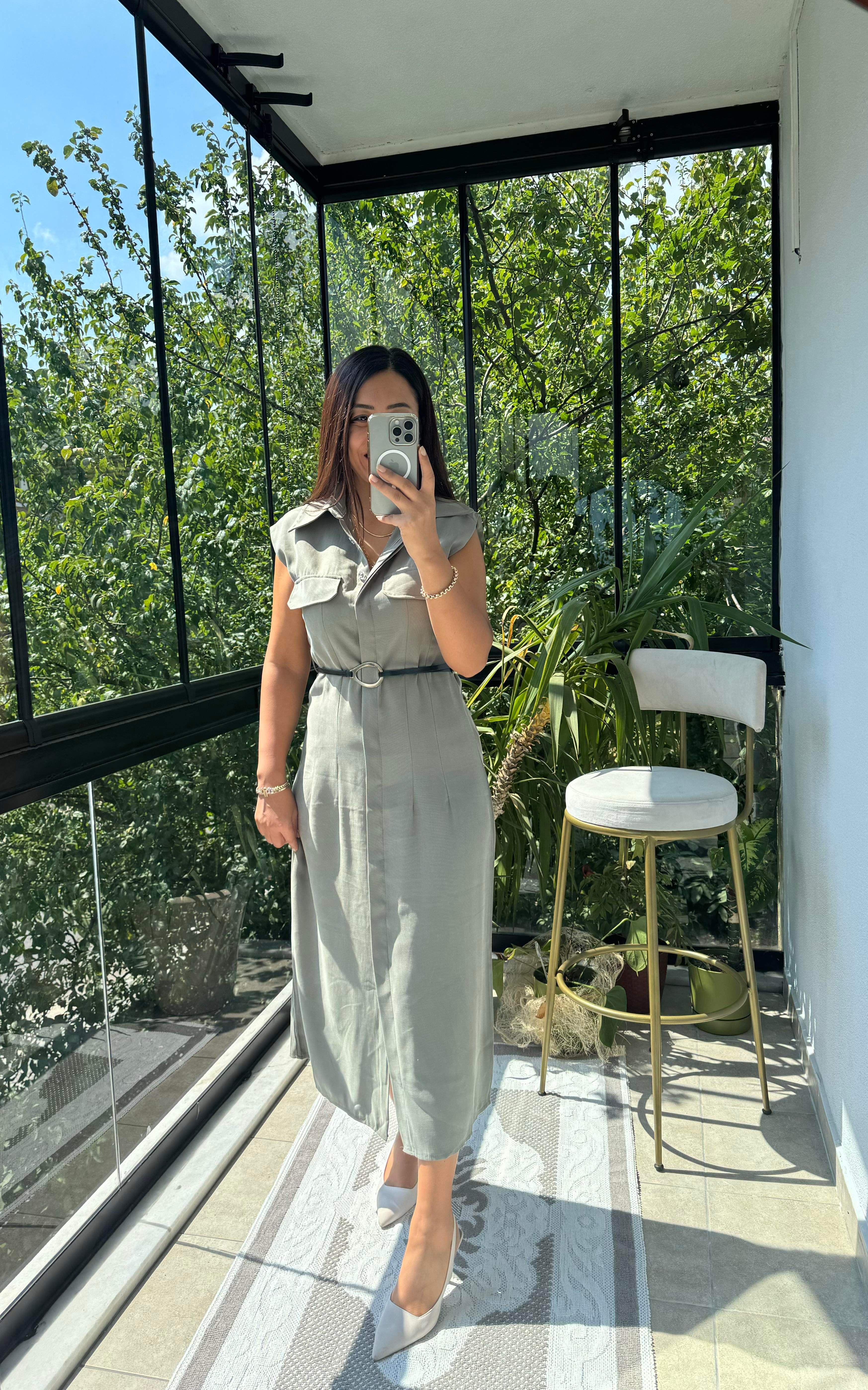 Gold Kemerli Elbise Haki Yeşili