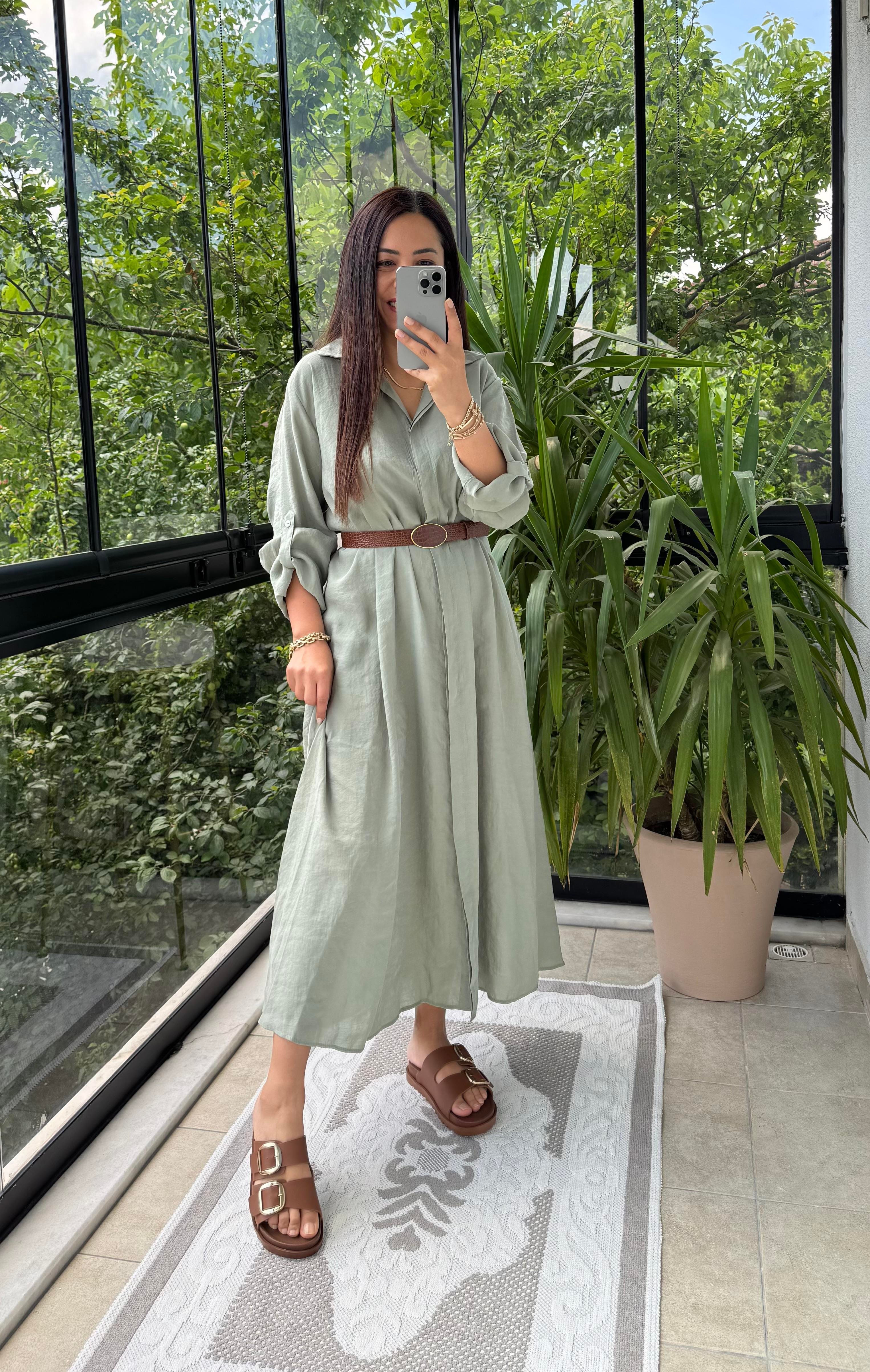 Gömlek Elbise Çağla Yeşili