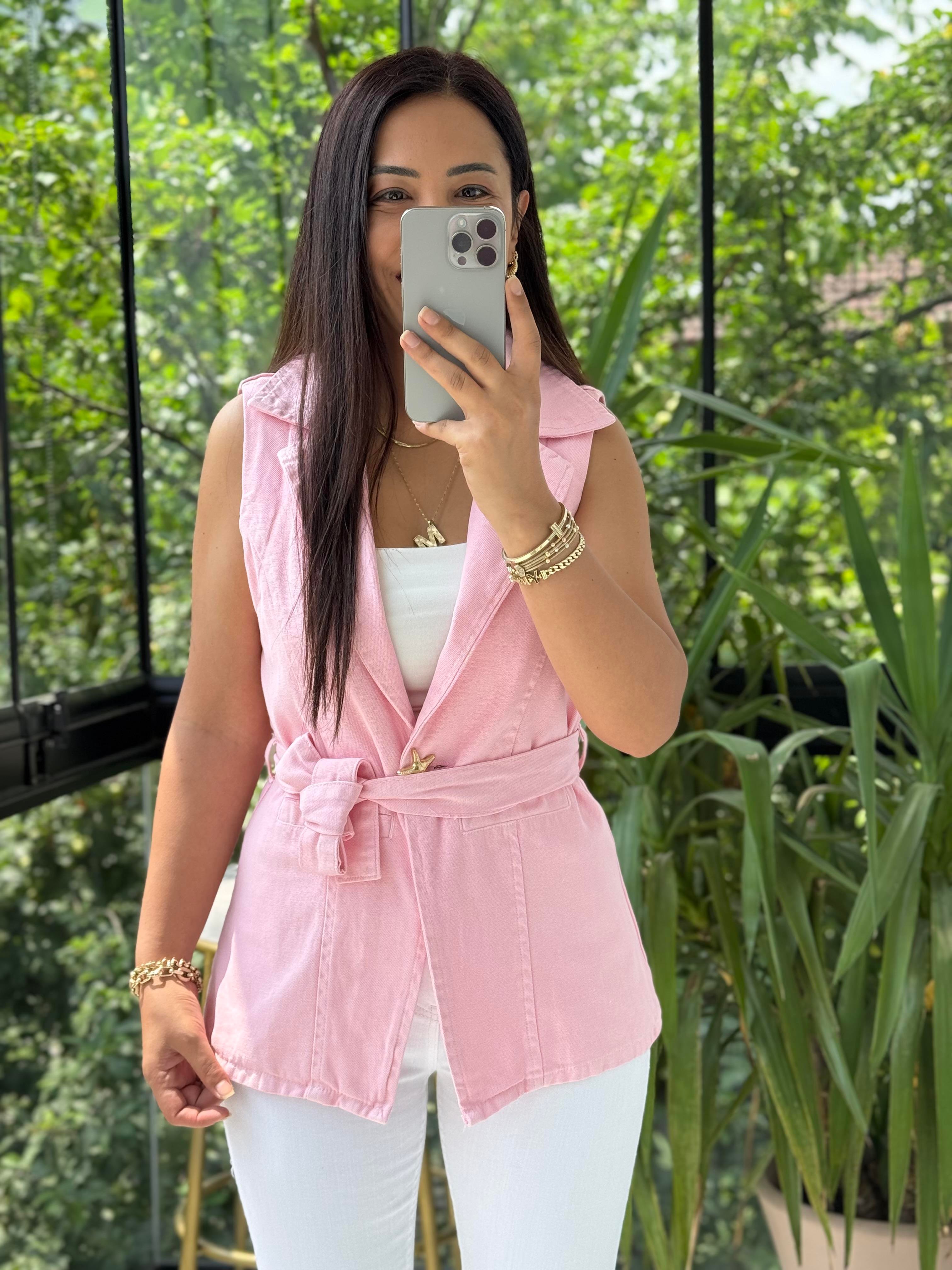 Güneş Düğmeli Gabardin Yelek Pembe