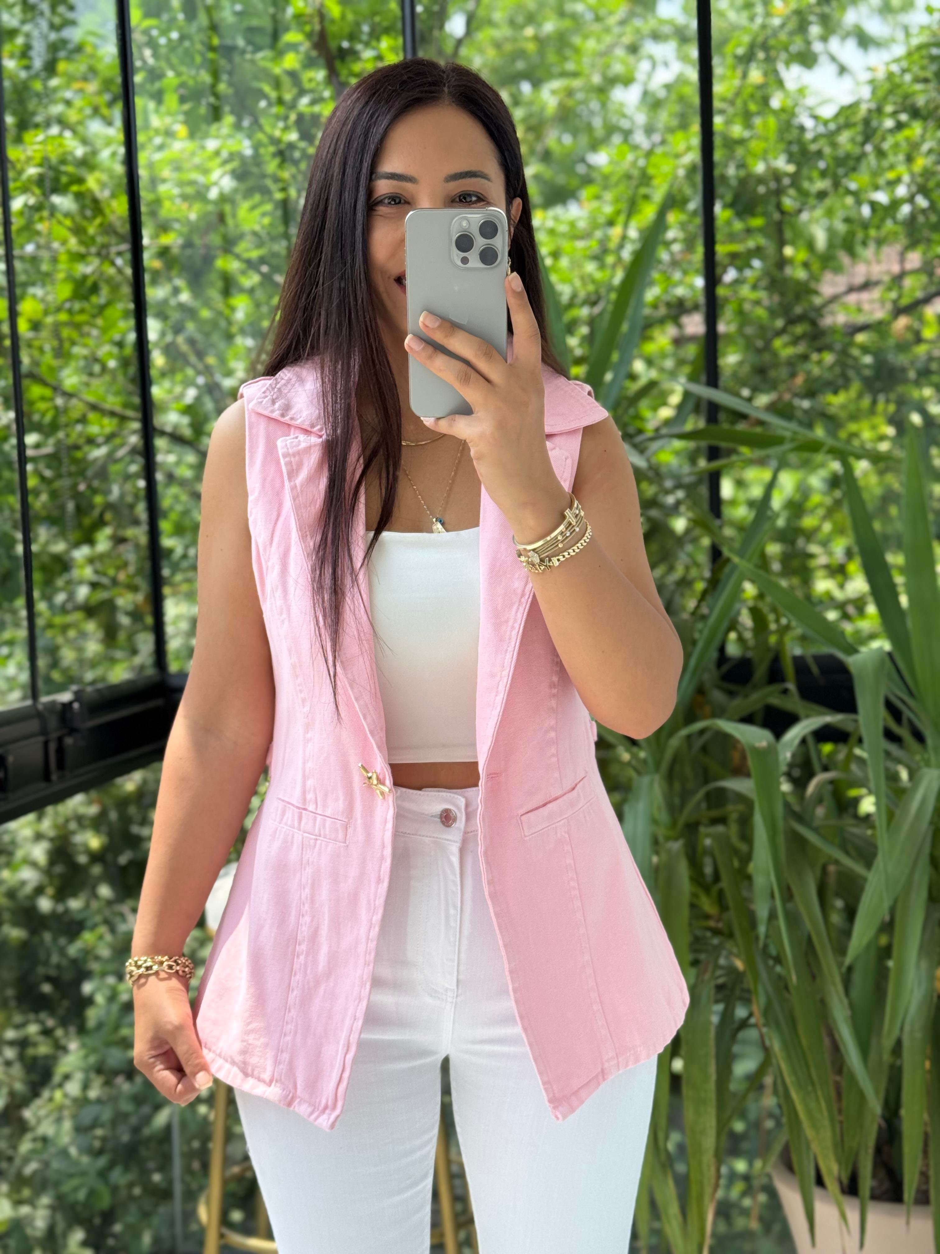 Güneş Düğmeli Gabardin Yelek Pembe