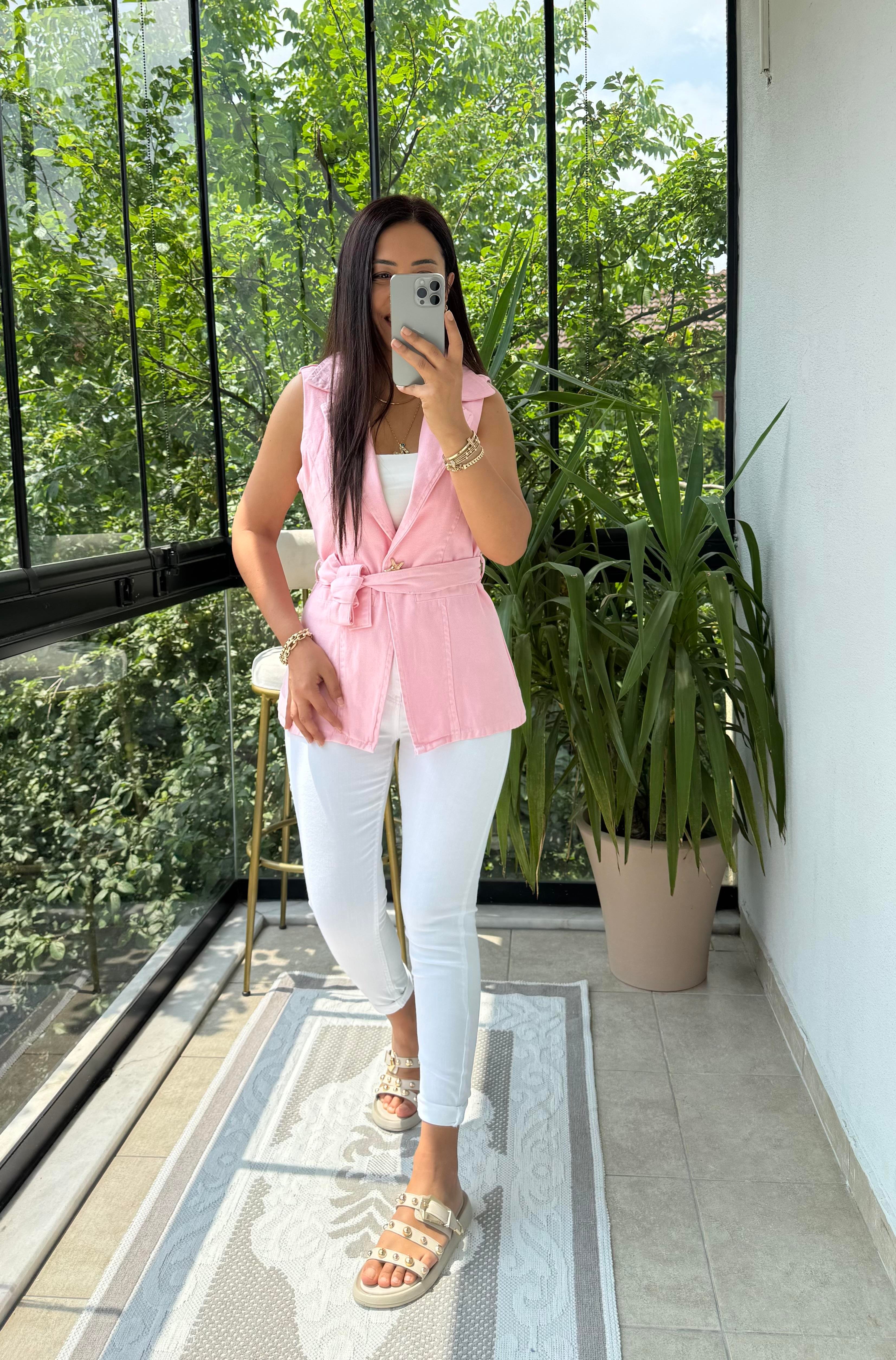 Güneş Düğmeli Gabardin Yelek Pembe