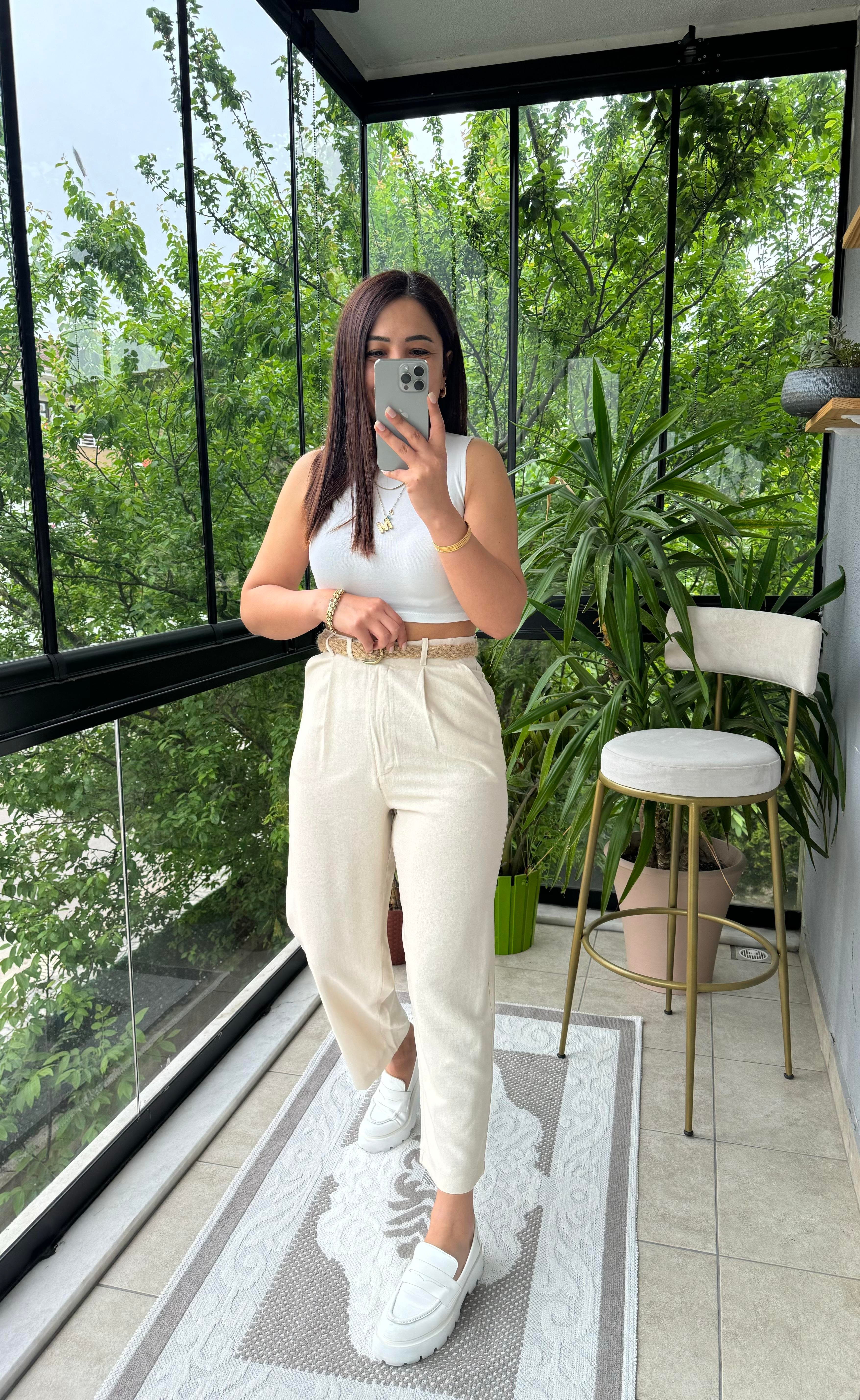 Hasır Kemer Pantolon Taş