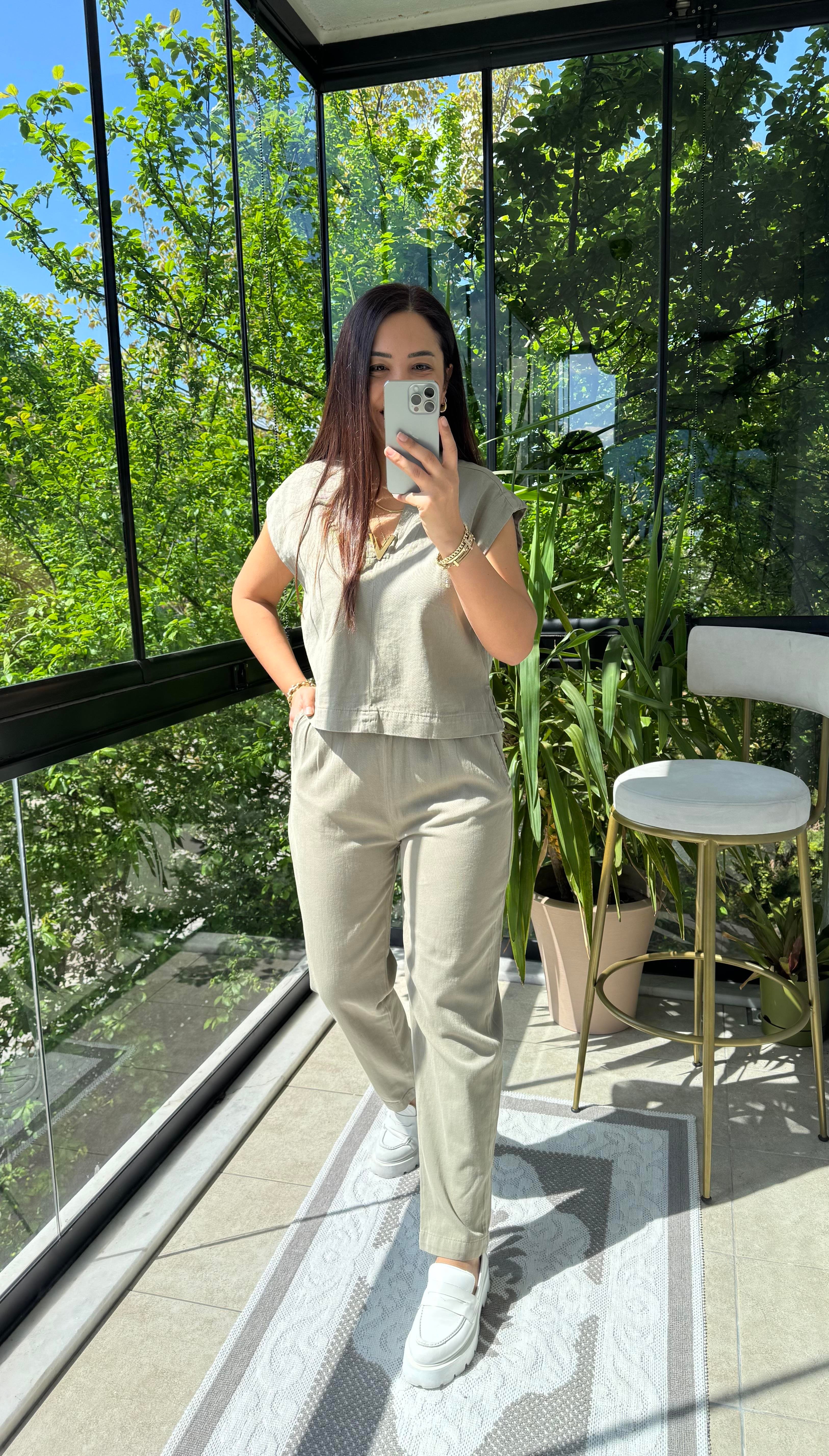 Havuç Keten Pantolon Haki Yeşili