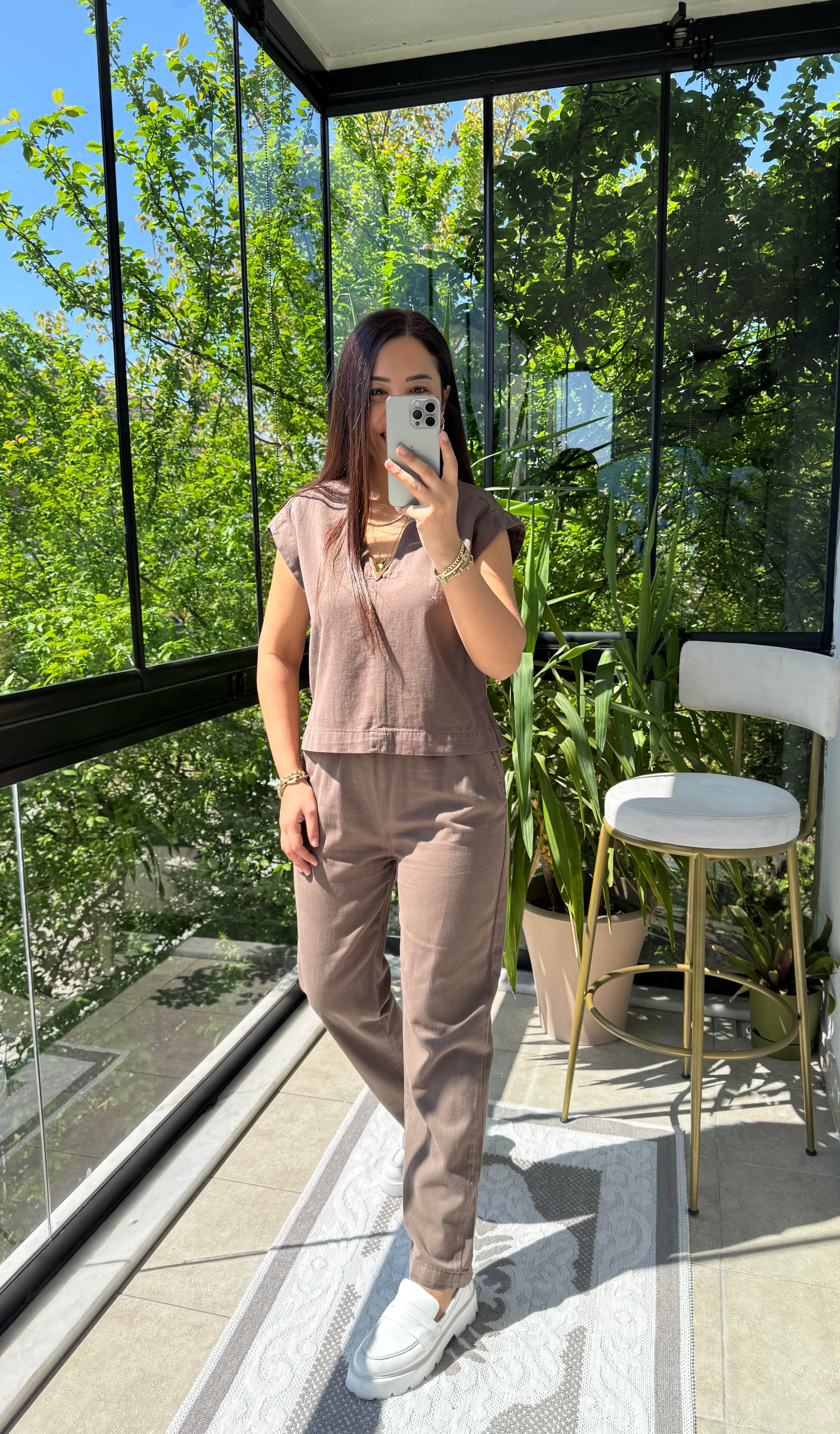 Havuç Keten Pantolon Kahve