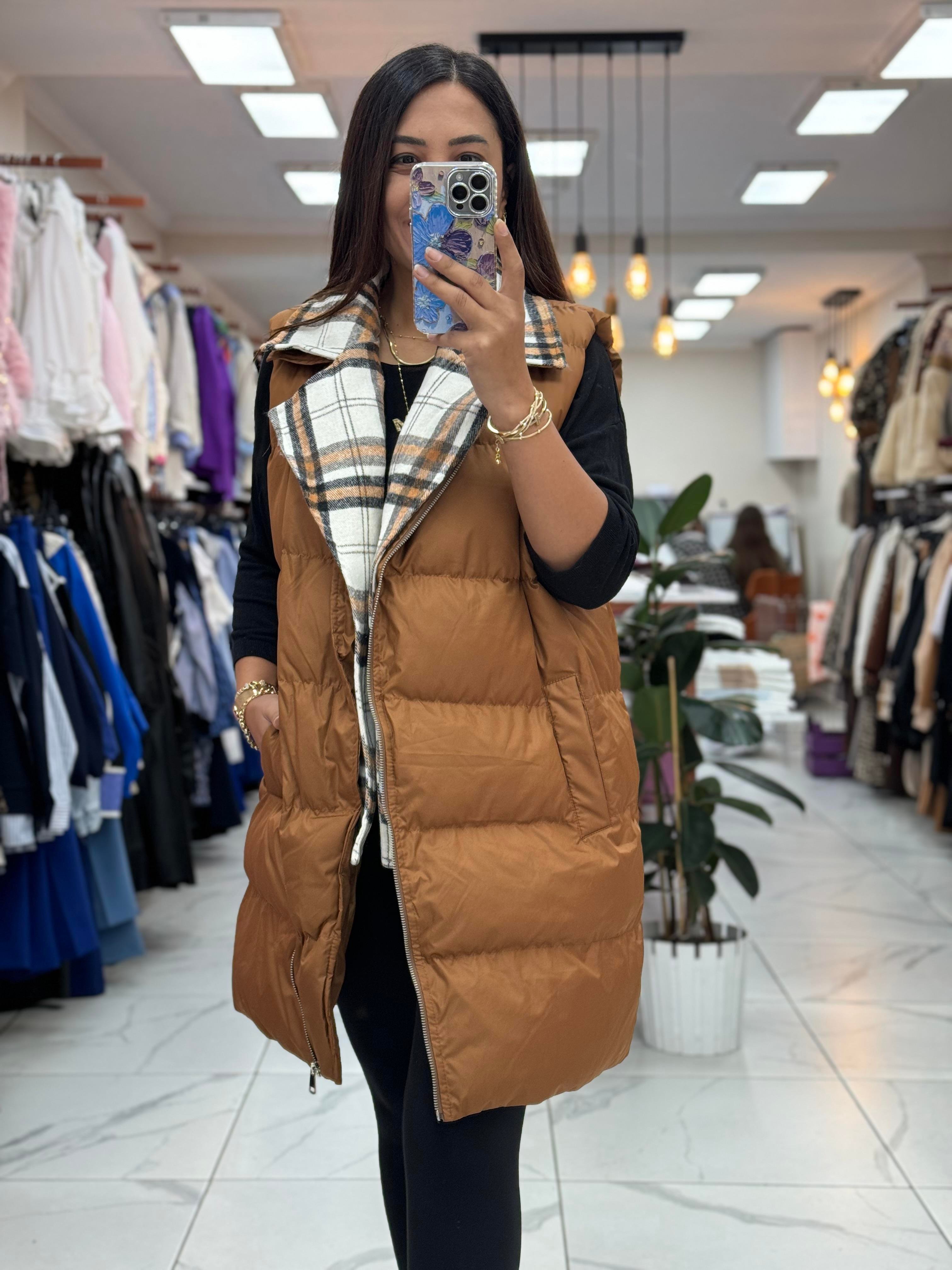 İçi Ekose Polar Yelek Kahve