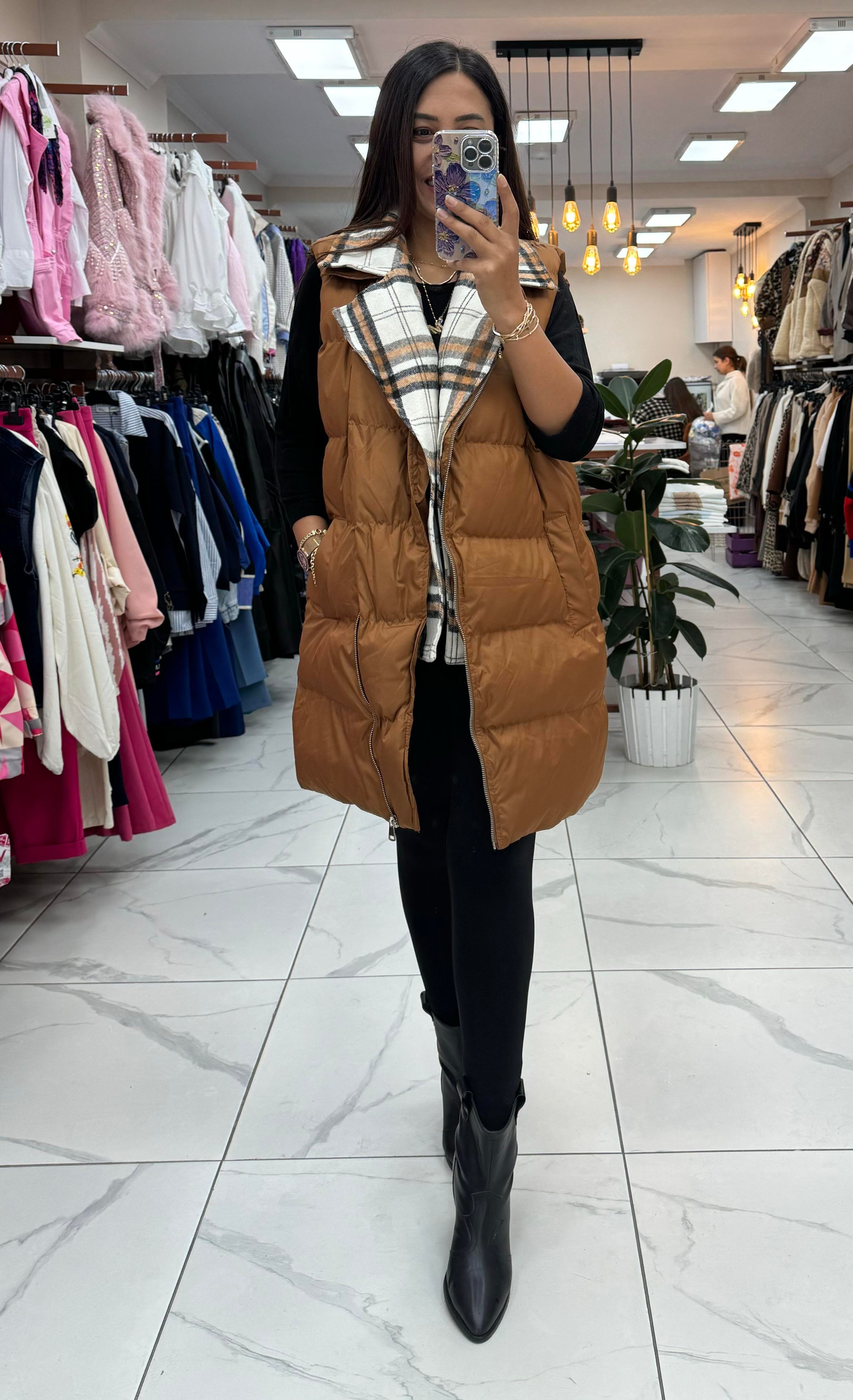 İçi Ekose Polar Yelek Kahve