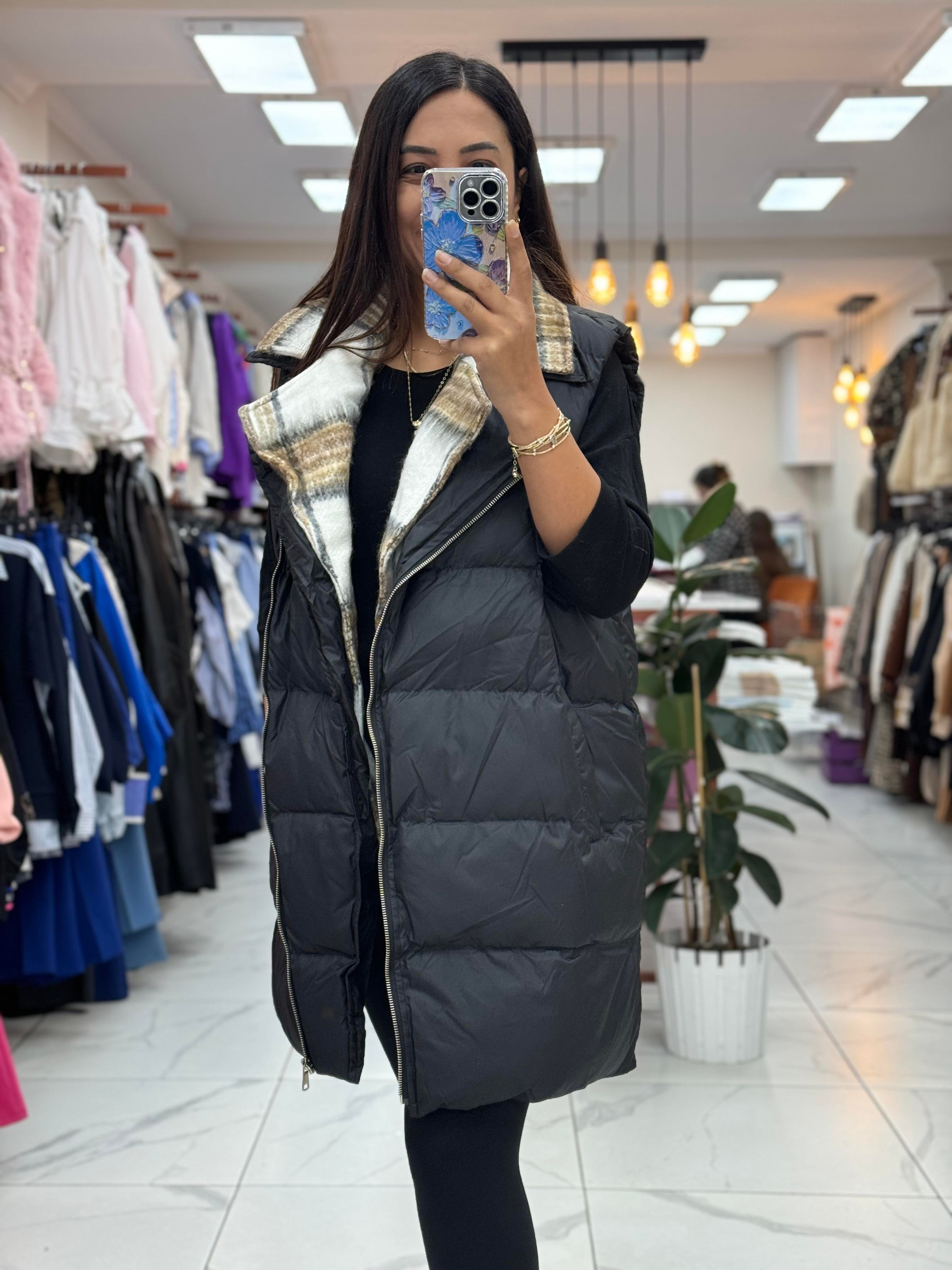 İçi Ekose Polar Yelek Siyah