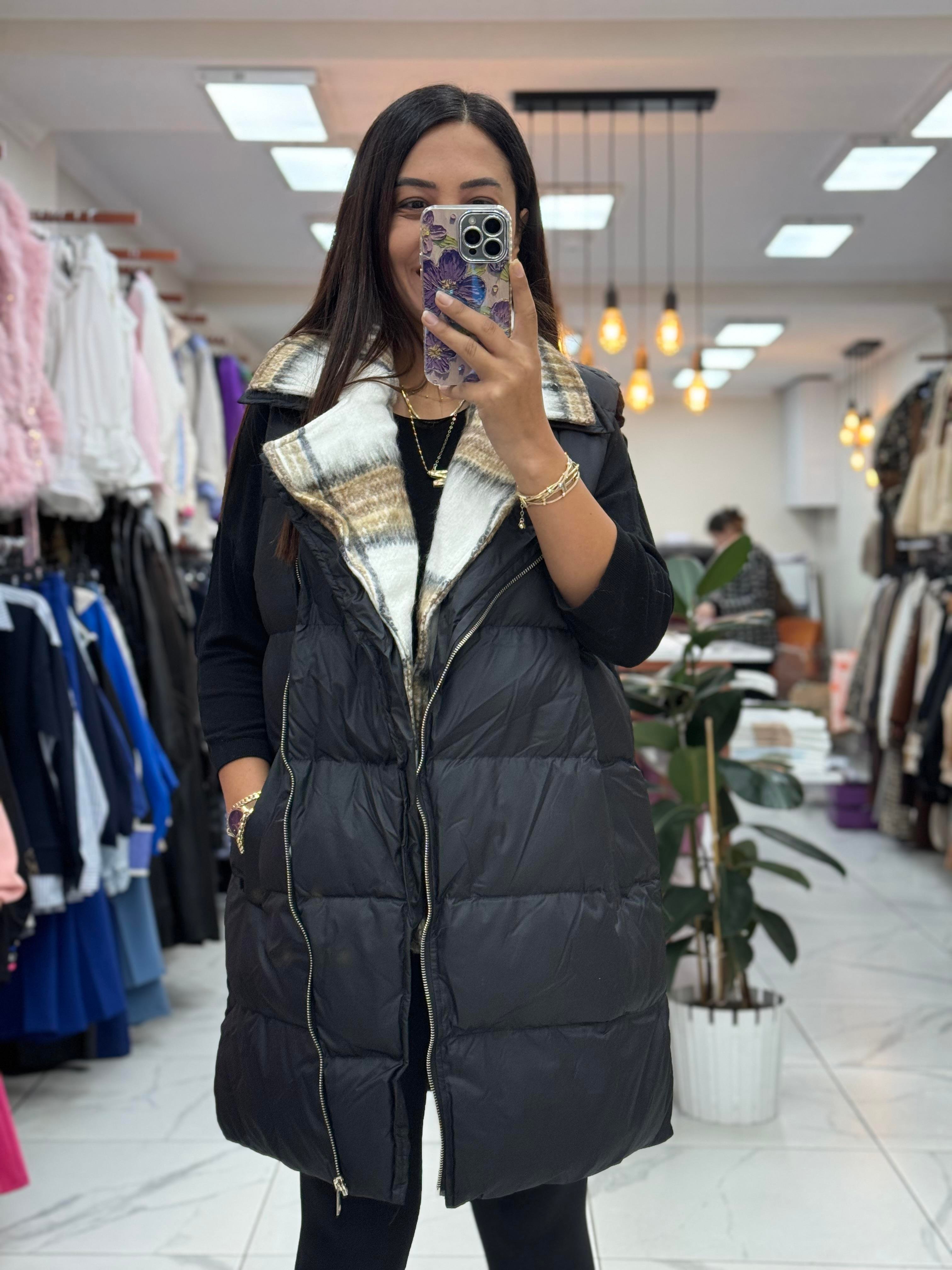 İçi Ekose Polar Yelek Siyah