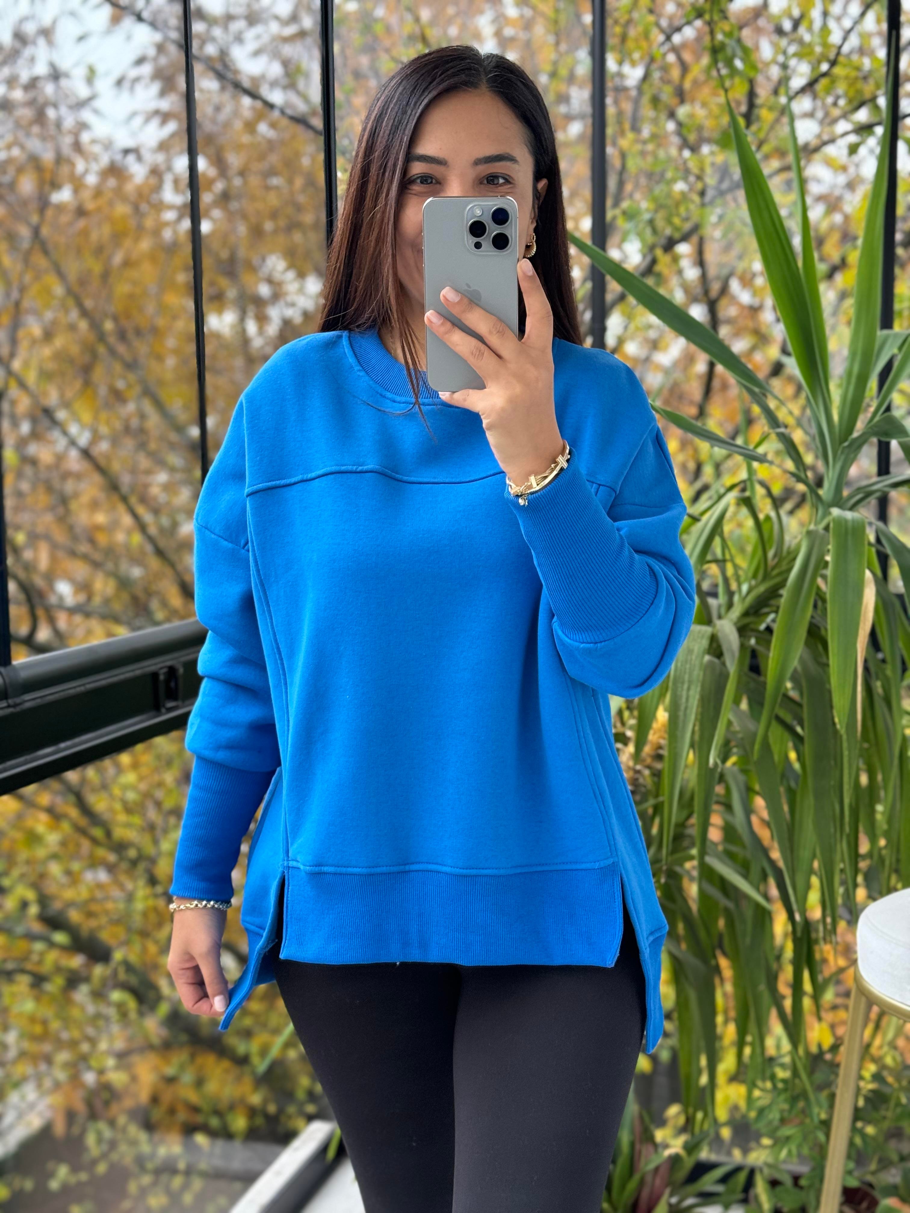 İki Önü Yırtmaçlı Sweatshirt Mavi