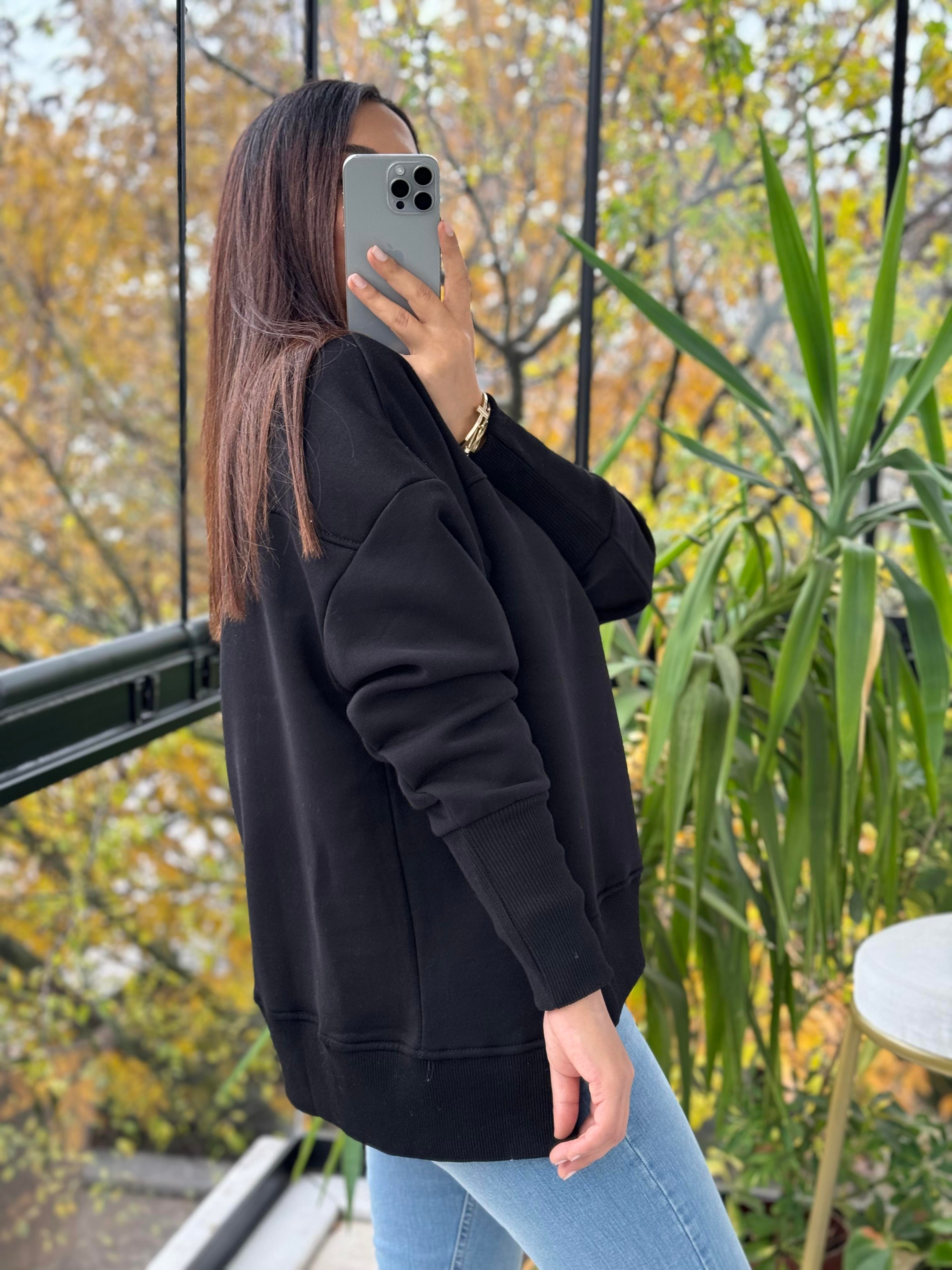 İki Önü Yırtmaçlı Sweatshirt Siyah