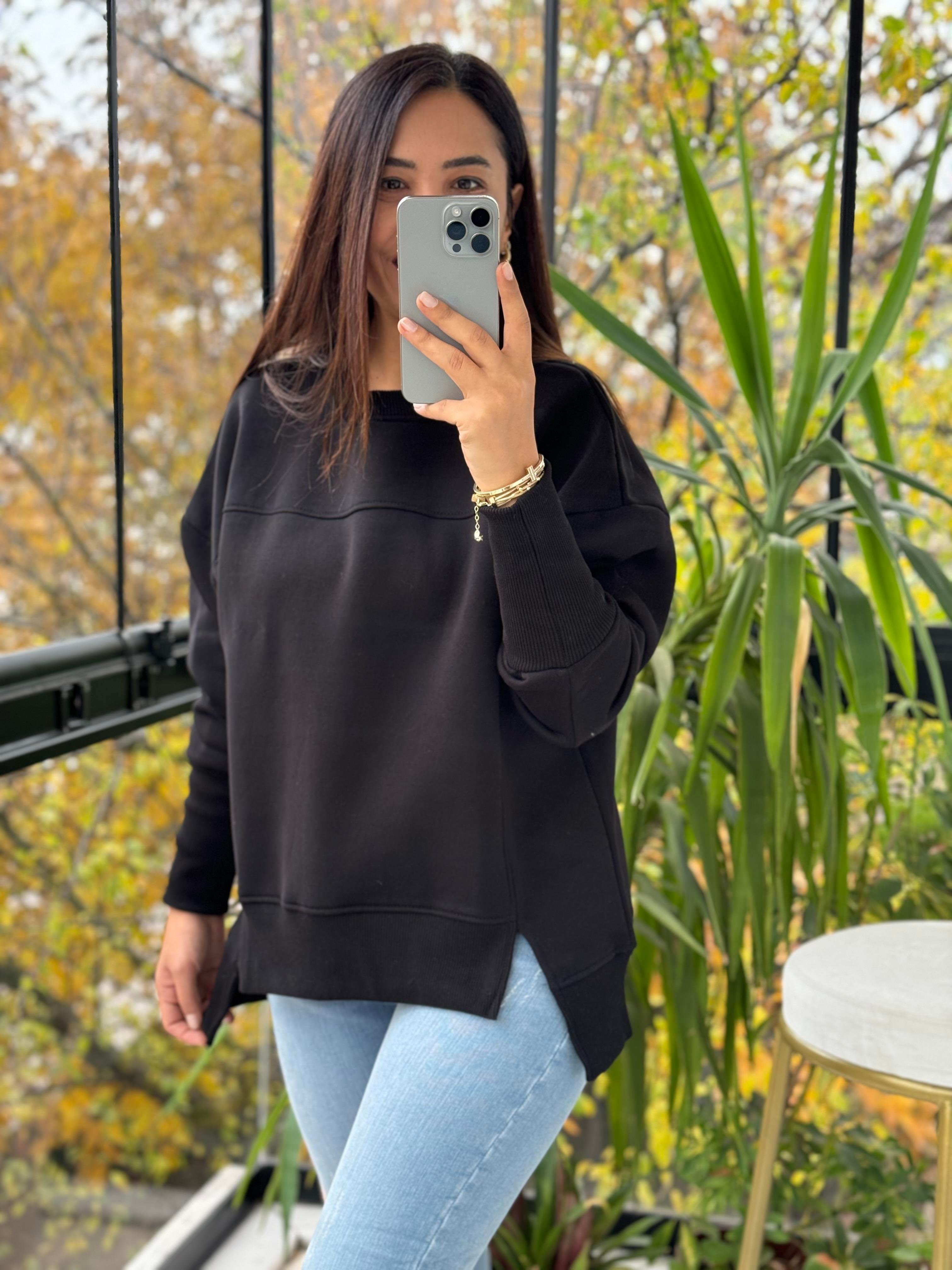 İki Önü Yırtmaçlı Sweatshirt Siyah