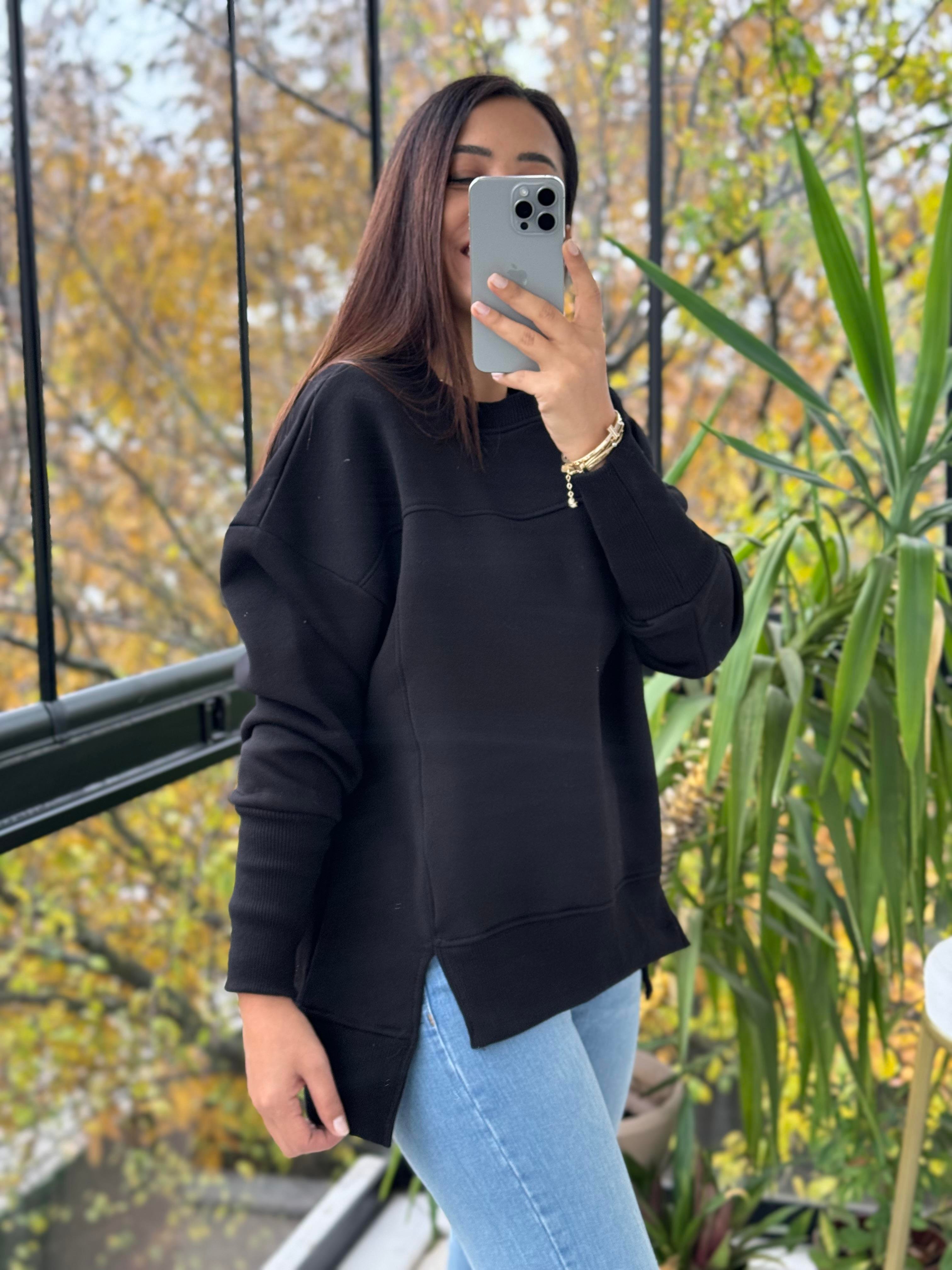 İki Önü Yırtmaçlı Sweatshirt Siyah