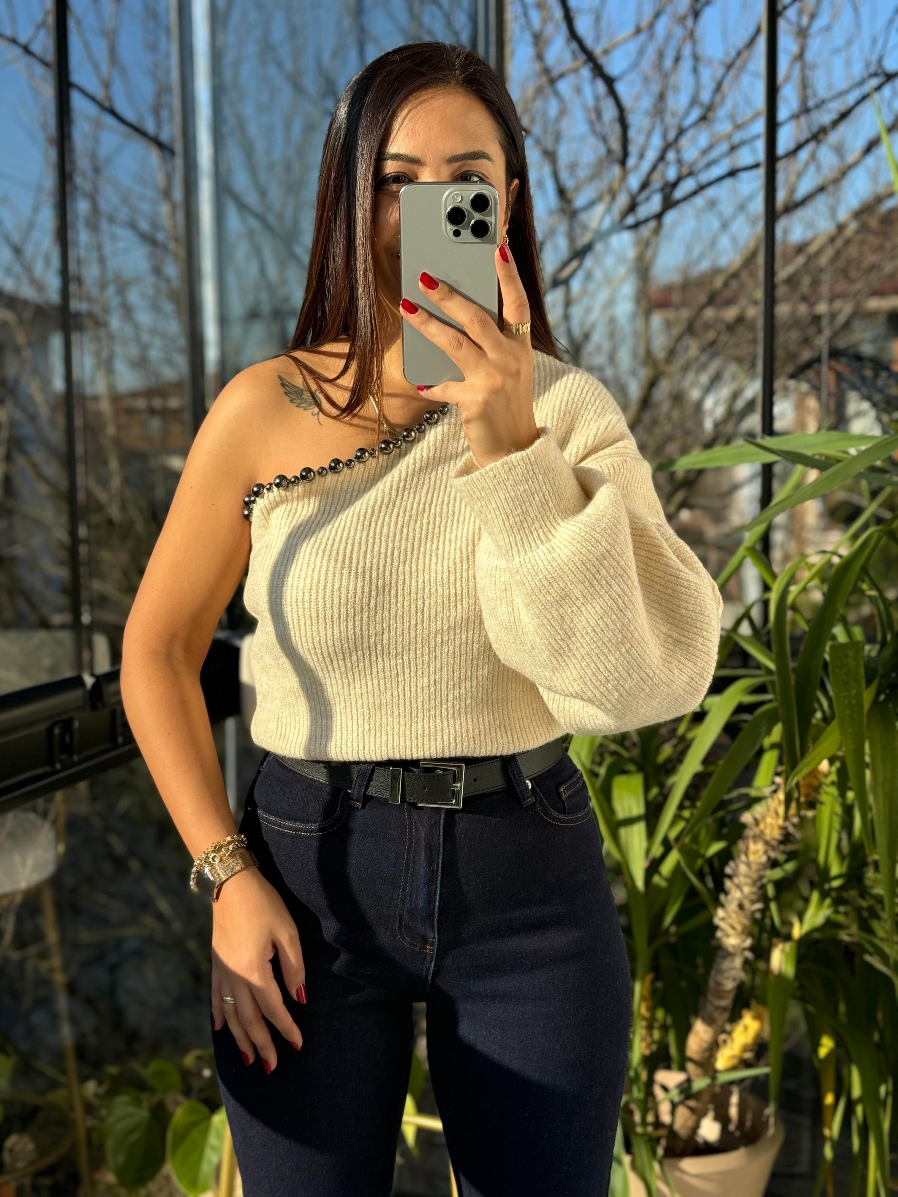 İnci Detaylı Triko Kazak Taş