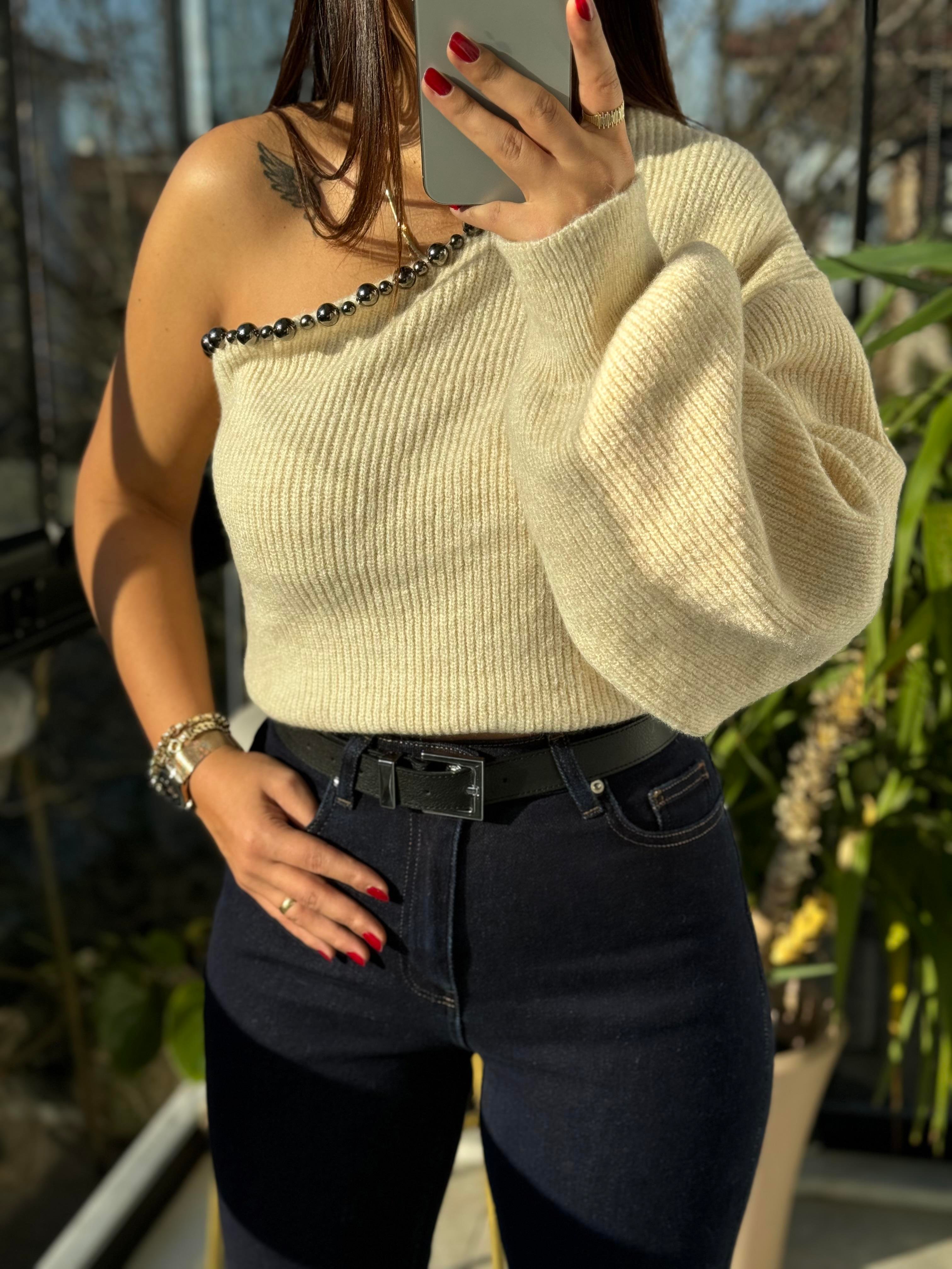 İnci Detaylı Triko Kazak Taş