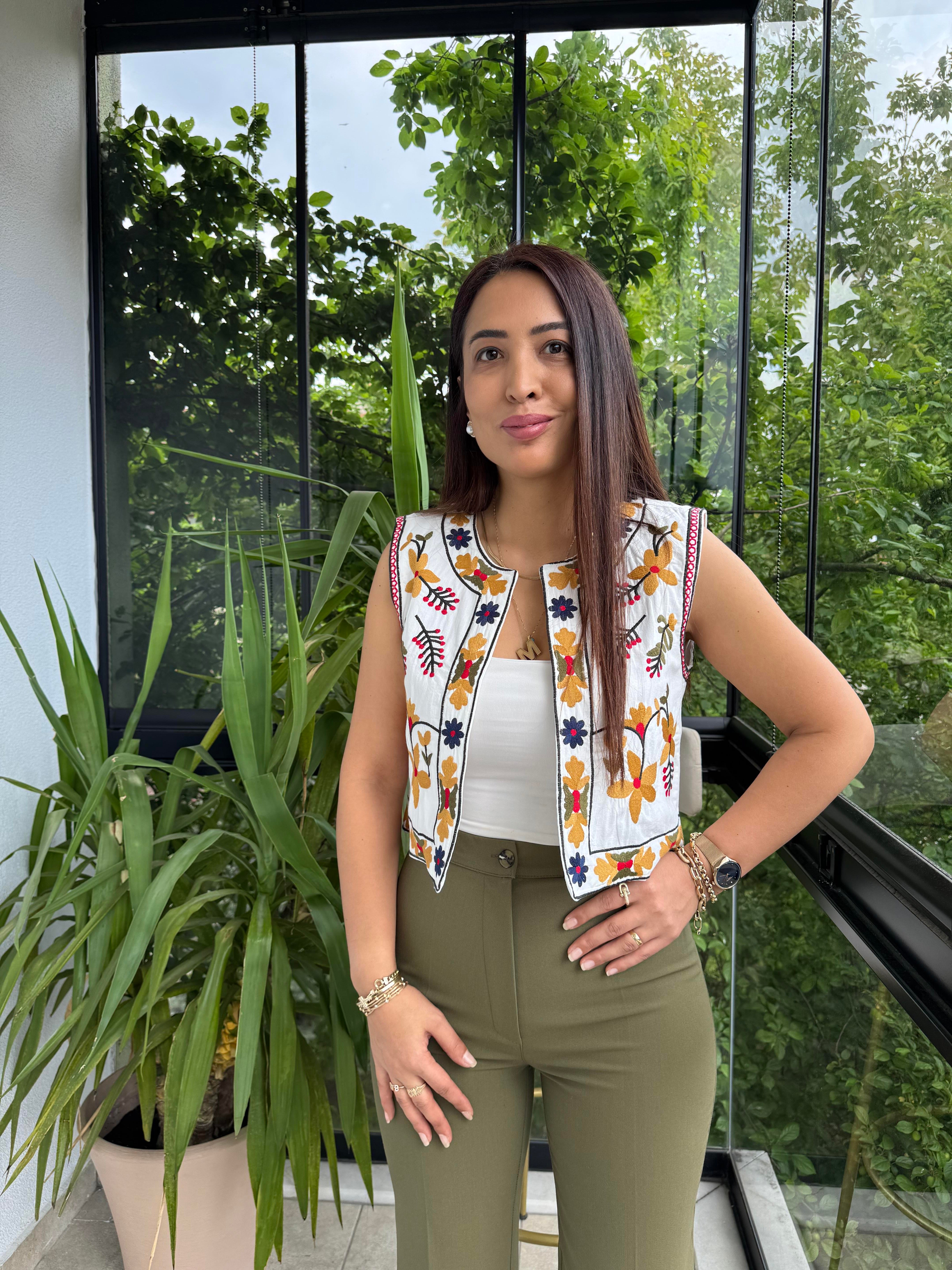 İşlemeli Nakışlı Yelek Hardal