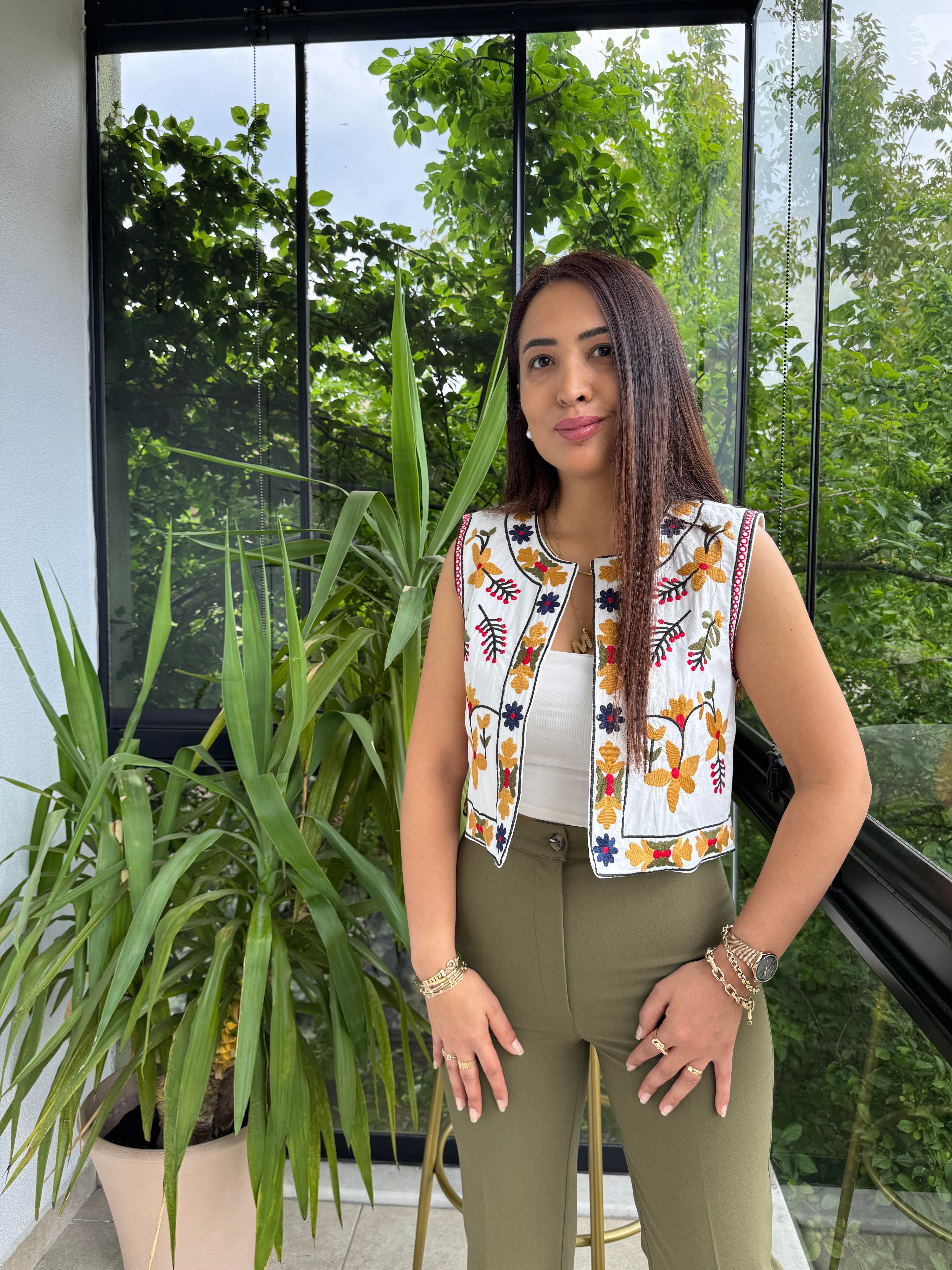 İşlemeli Nakışlı Yelek Hardal