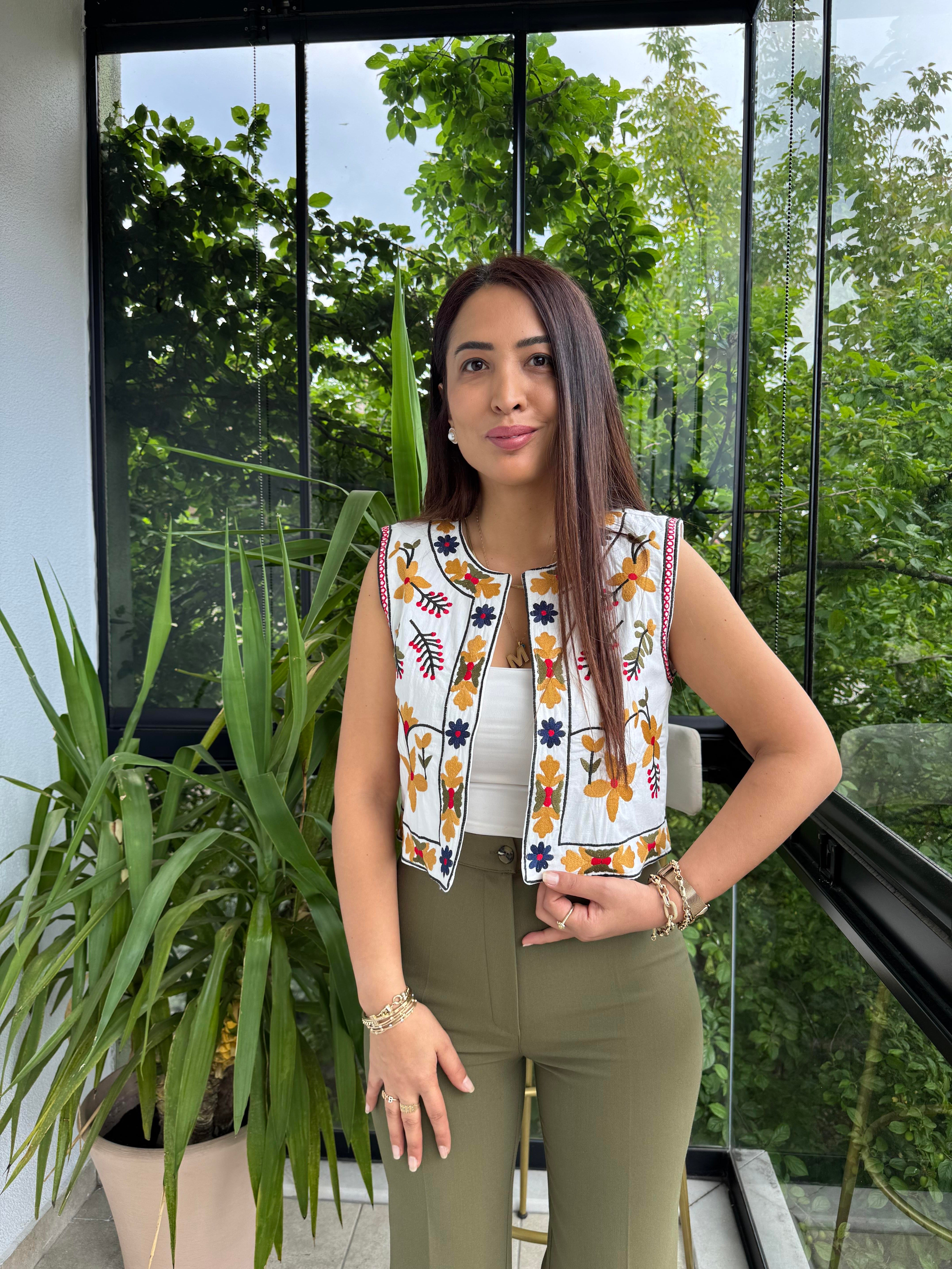 İşlemeli Nakışlı Yelek Hardal