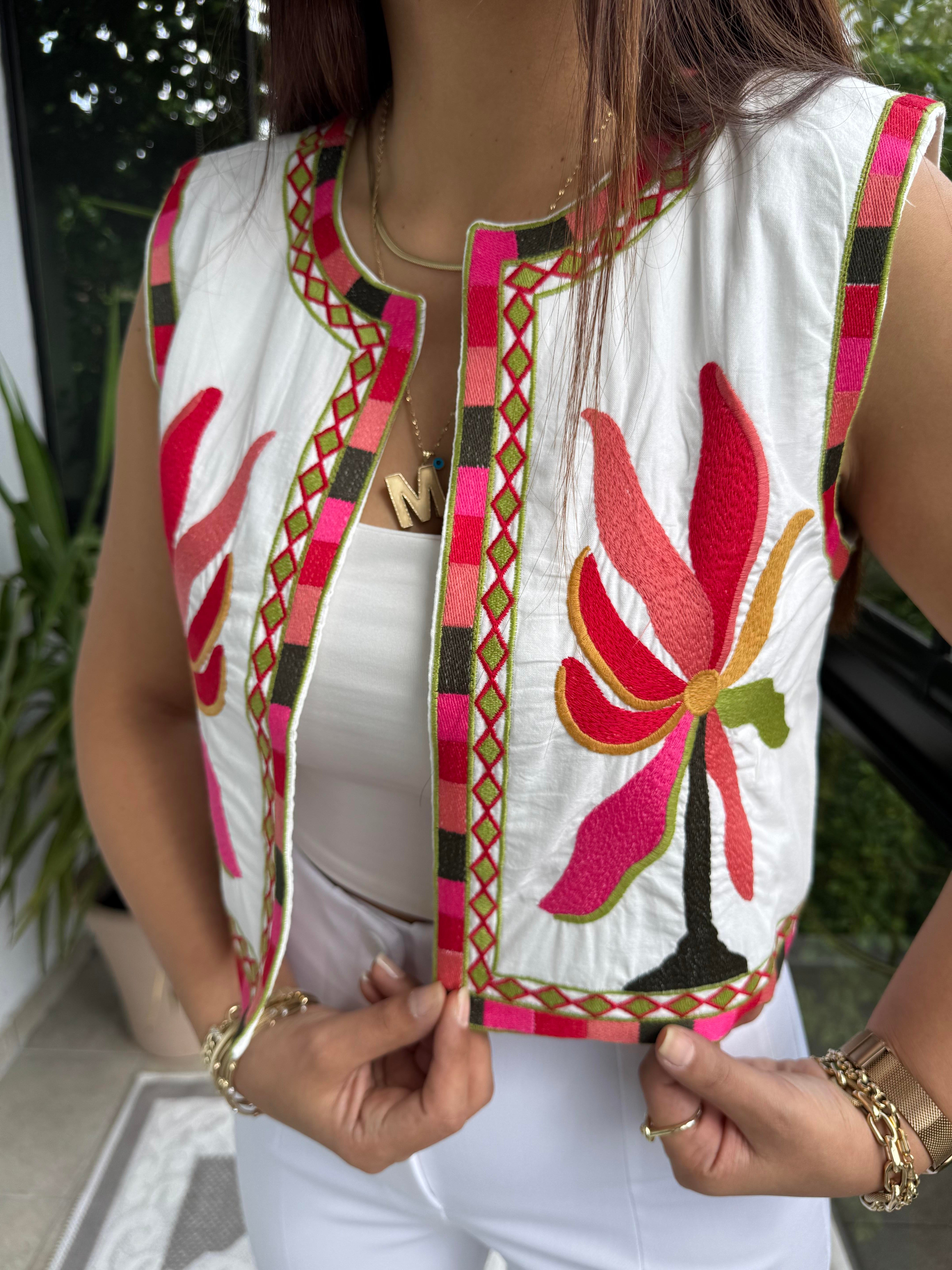 İşlemeli Nakışlı Yelek Pembe