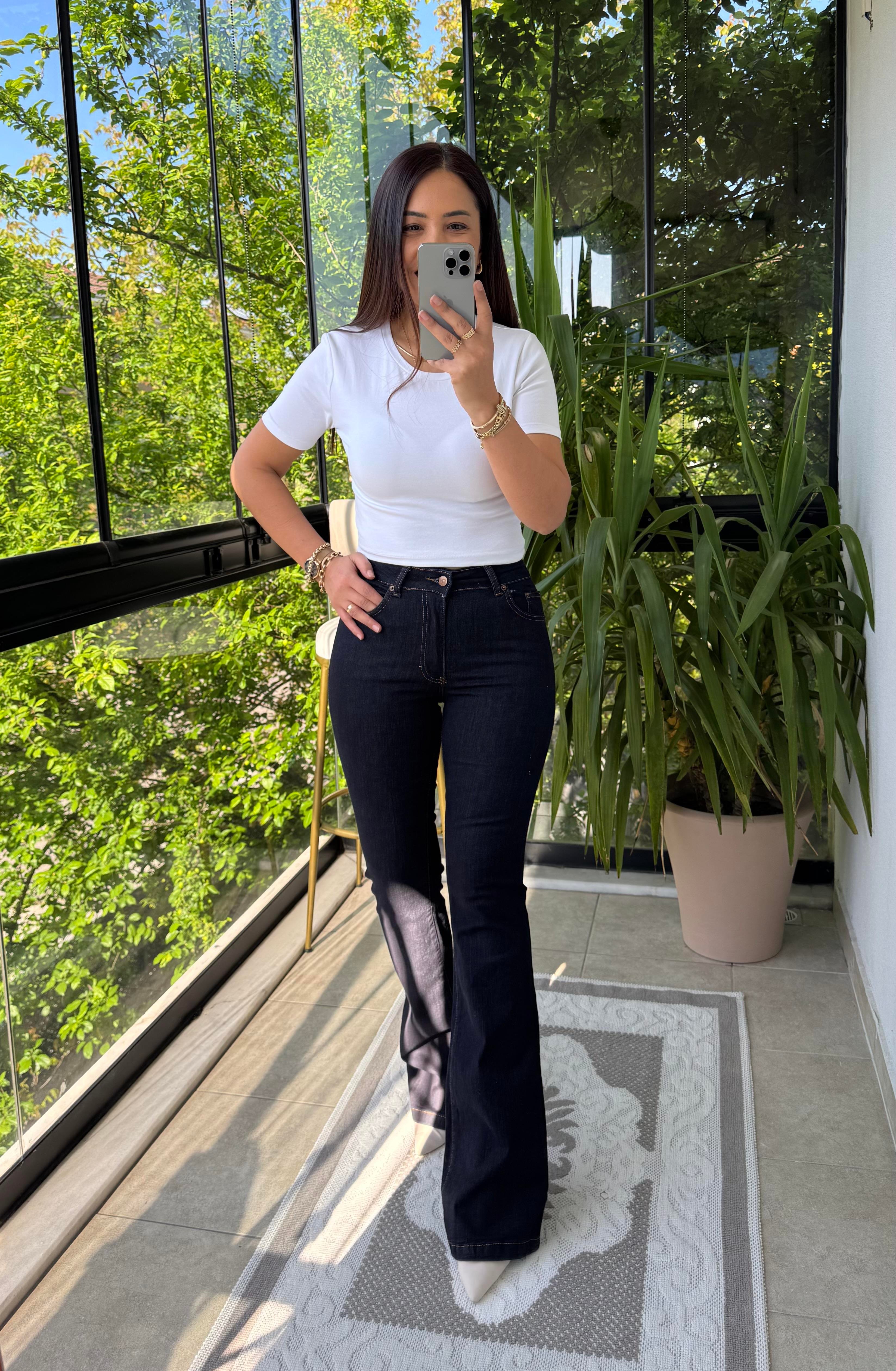 İspanyol Paça Jean Slaplı Lacivert