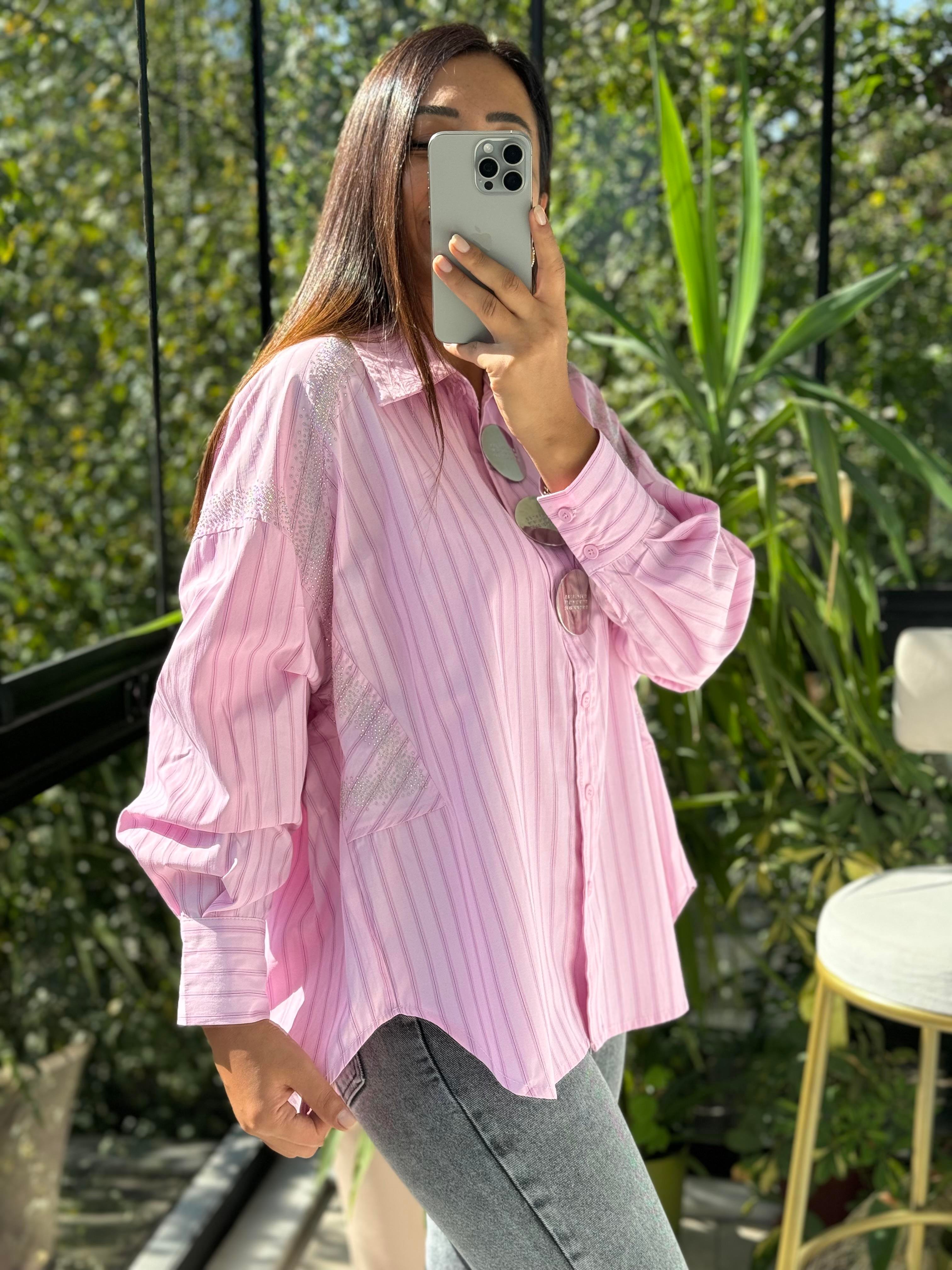 İthal Çizgili Broşlu Gömlek Pembe